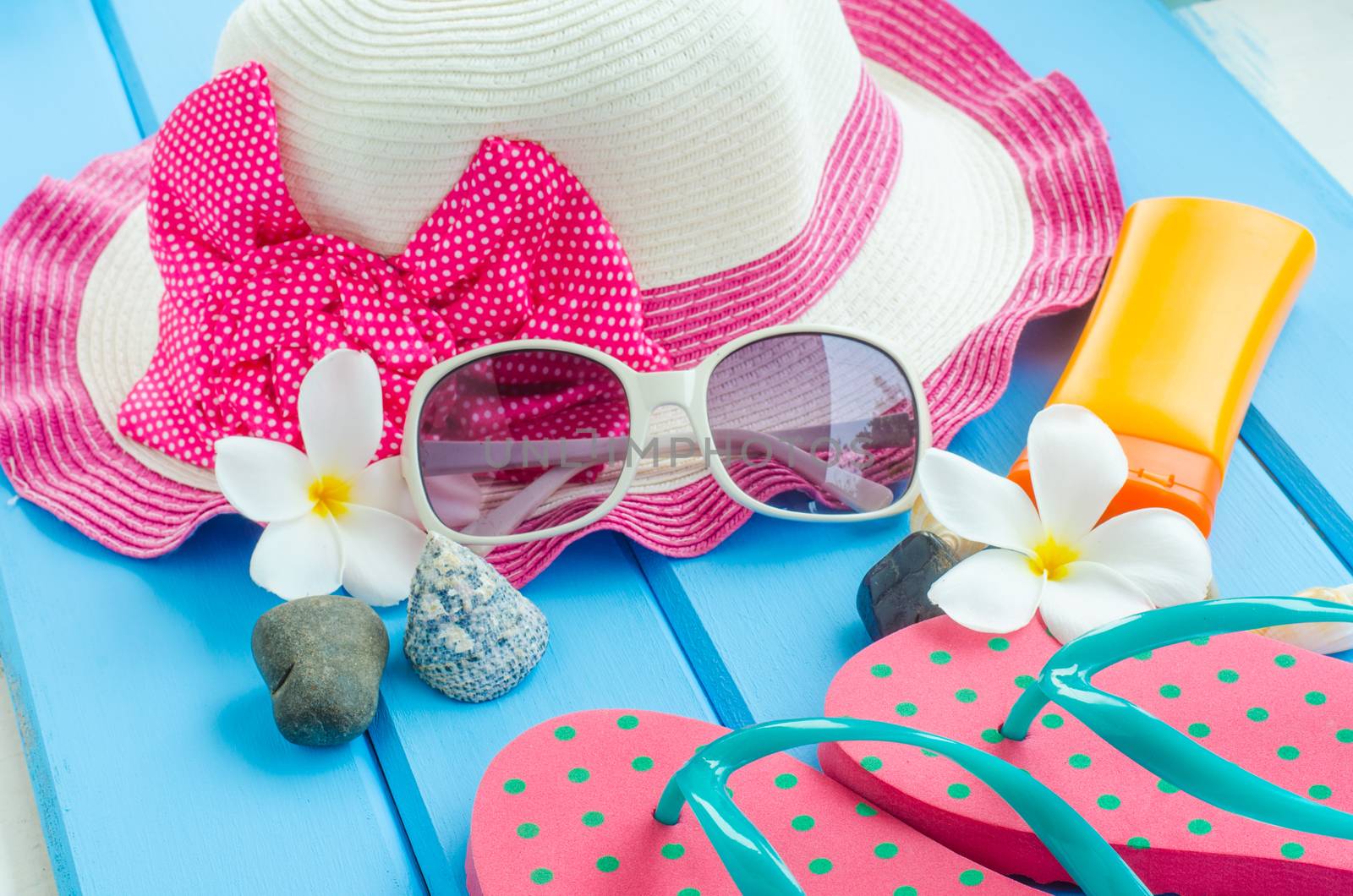 Accessories costume with travel for summer on blue wooden floor