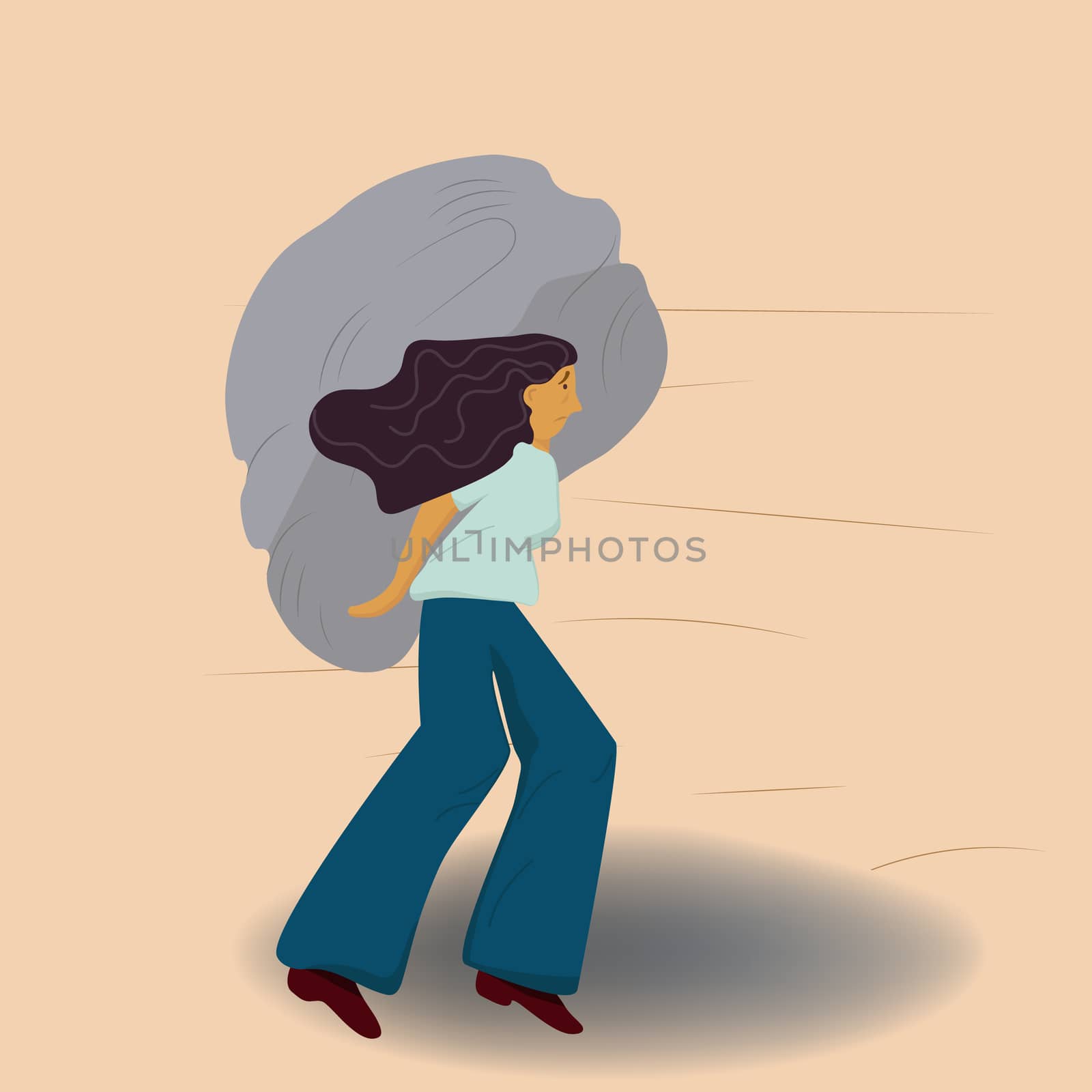  A woman carrying a heavy stone, illustration of an emotion in a manner that is socially tolerable.