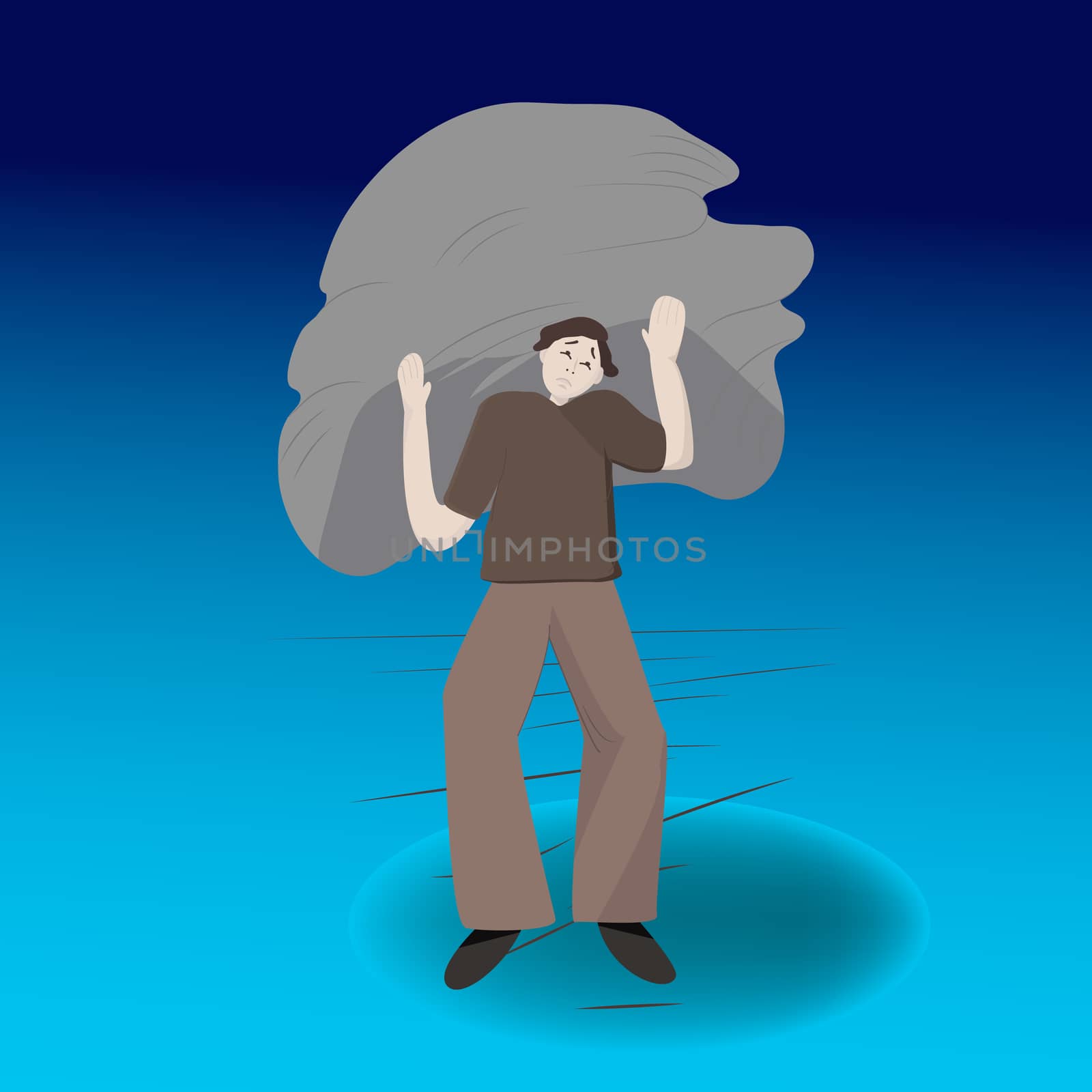 Illustration of heavy burden. Man carrying a heavy stone, emotions how hard it is to battle a stress. 