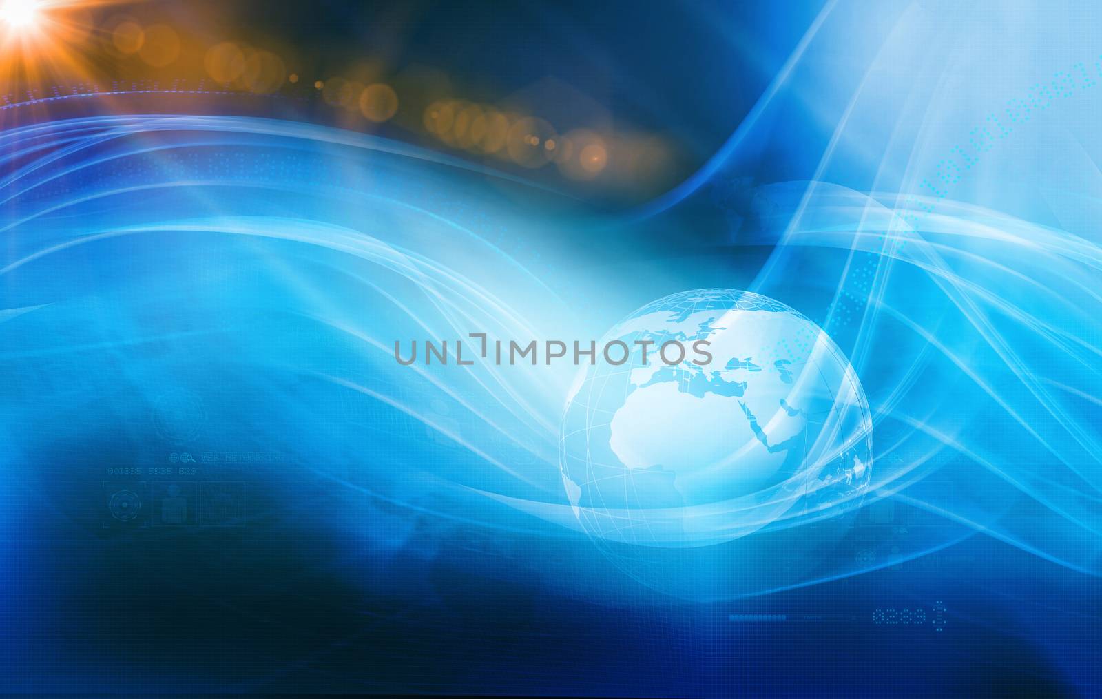 Graphical Digital Technology Background, Waving Lines Passing Around Earth Globe.