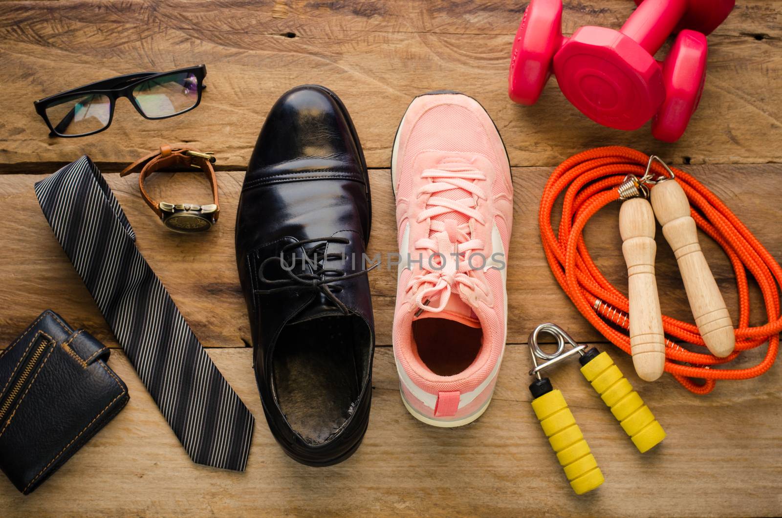 Sneakers for exercise equipment. and Leather Shoes and accessories for work on wood floors lifestyle concept.