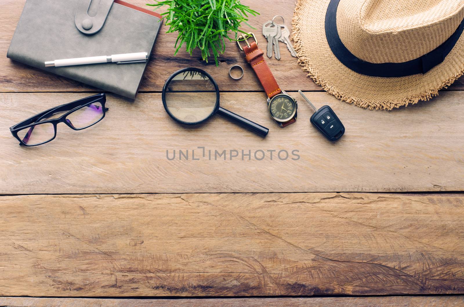 Travel accessories for trip on wood by photobyphotoboy