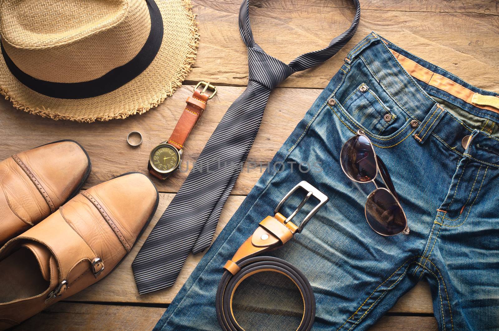 Clothing for men on the wooden floor