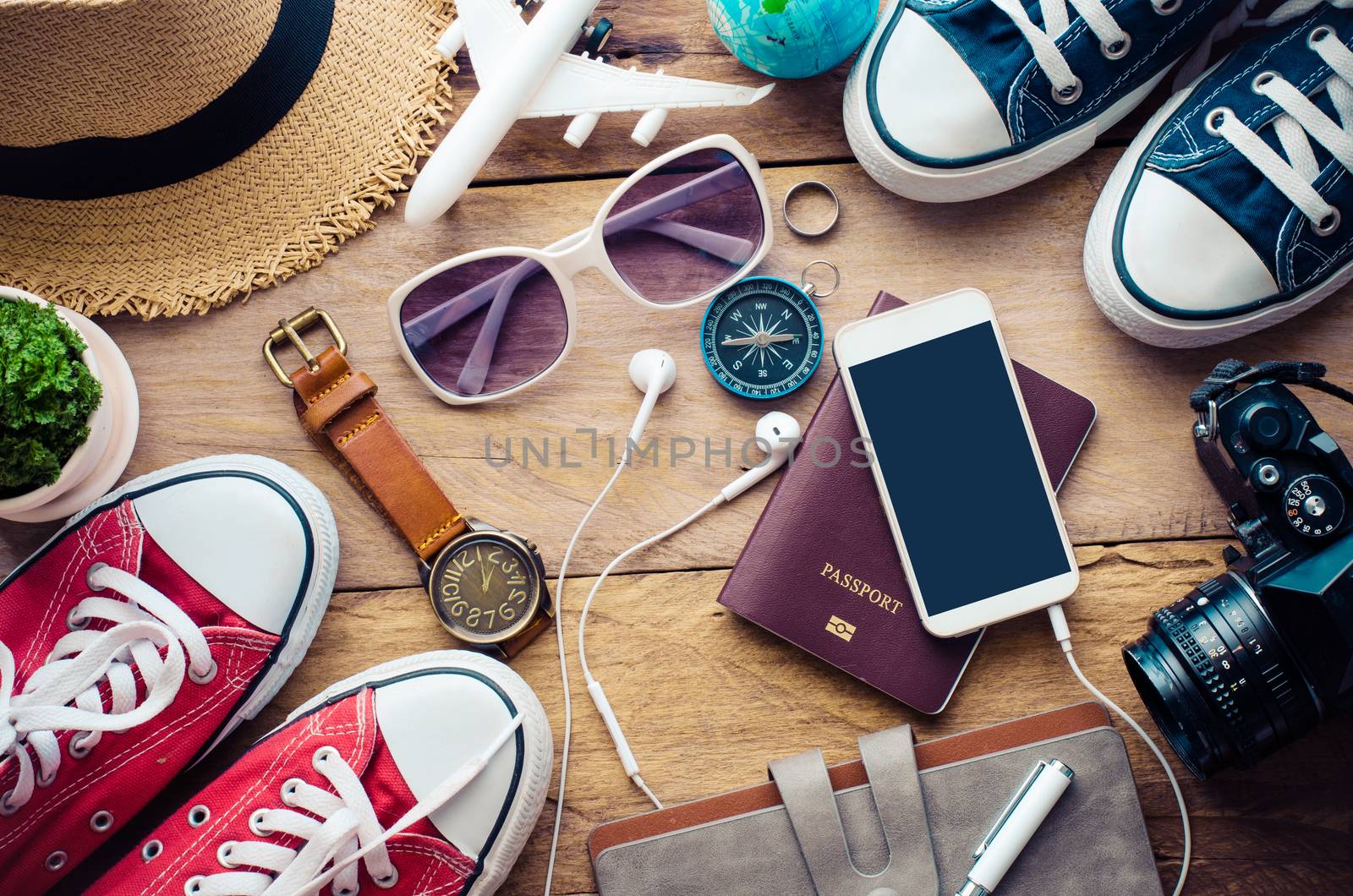 Travel accessories for trip on wood by photobyphotoboy