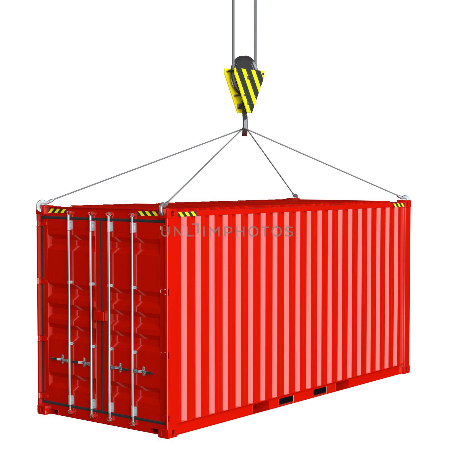 Service delivery - red cargo container hoisted by hook by cherezoff