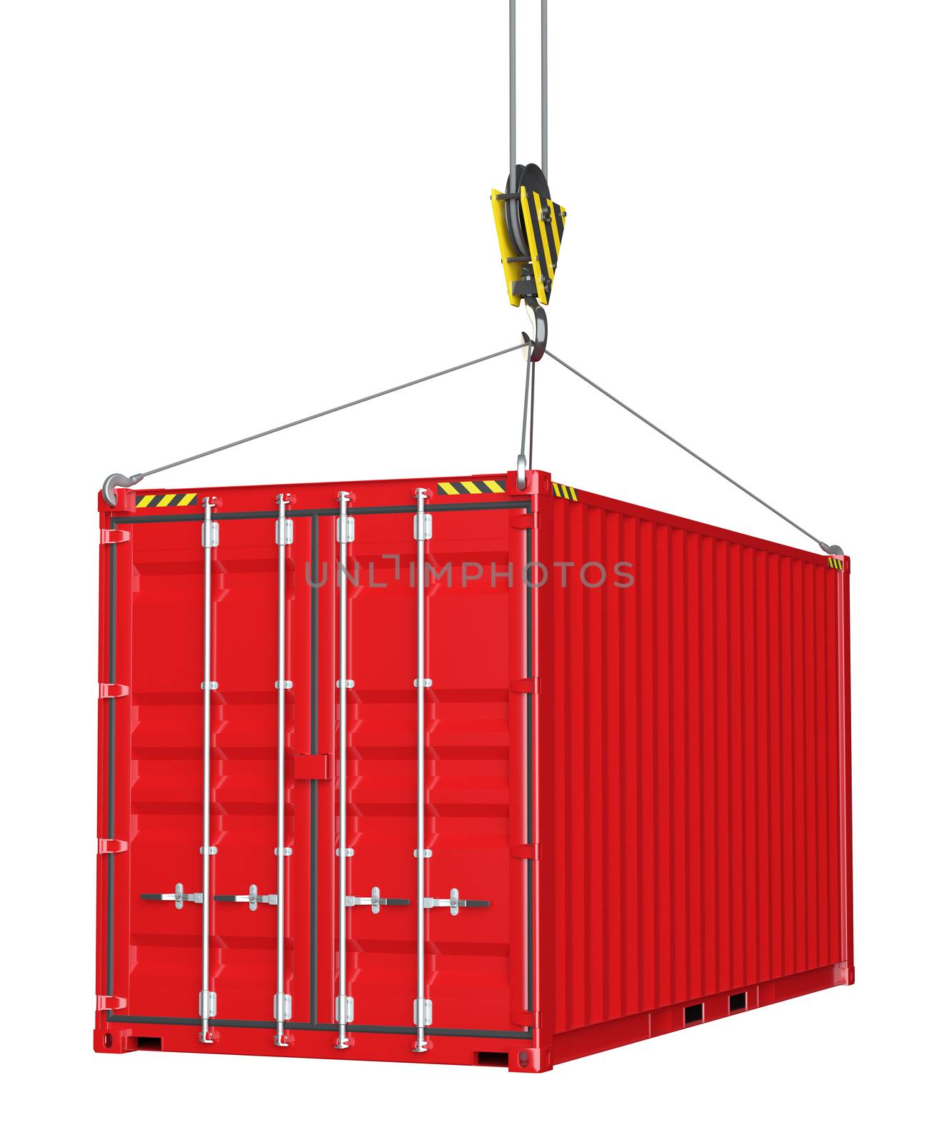 Service delivery - red cargo container hoisted by hook by cherezoff