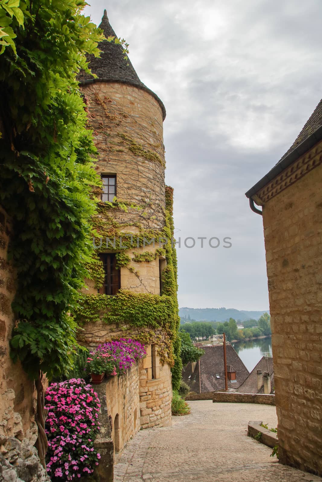  The picturesque village of La Roque Gageac backed by the cliff and reflecting in Dordogne river