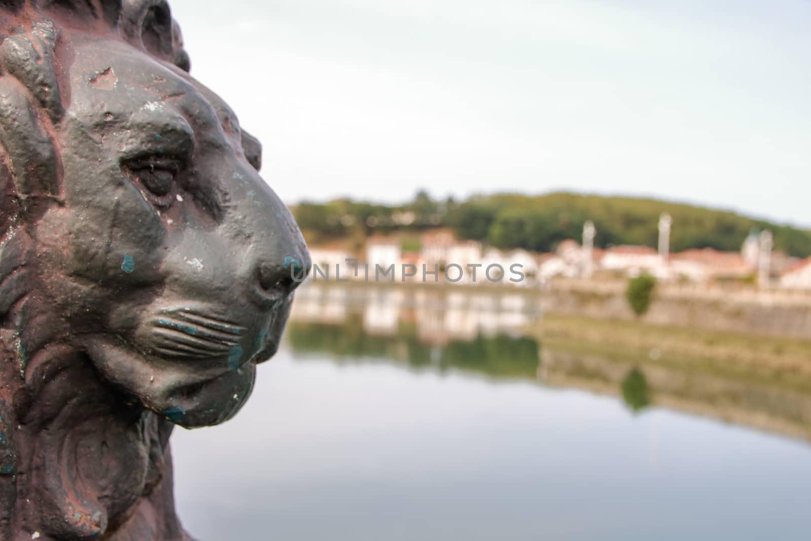 base of a street lamp in form of a lion on a bridge at Bayonne, Aquitaine, France