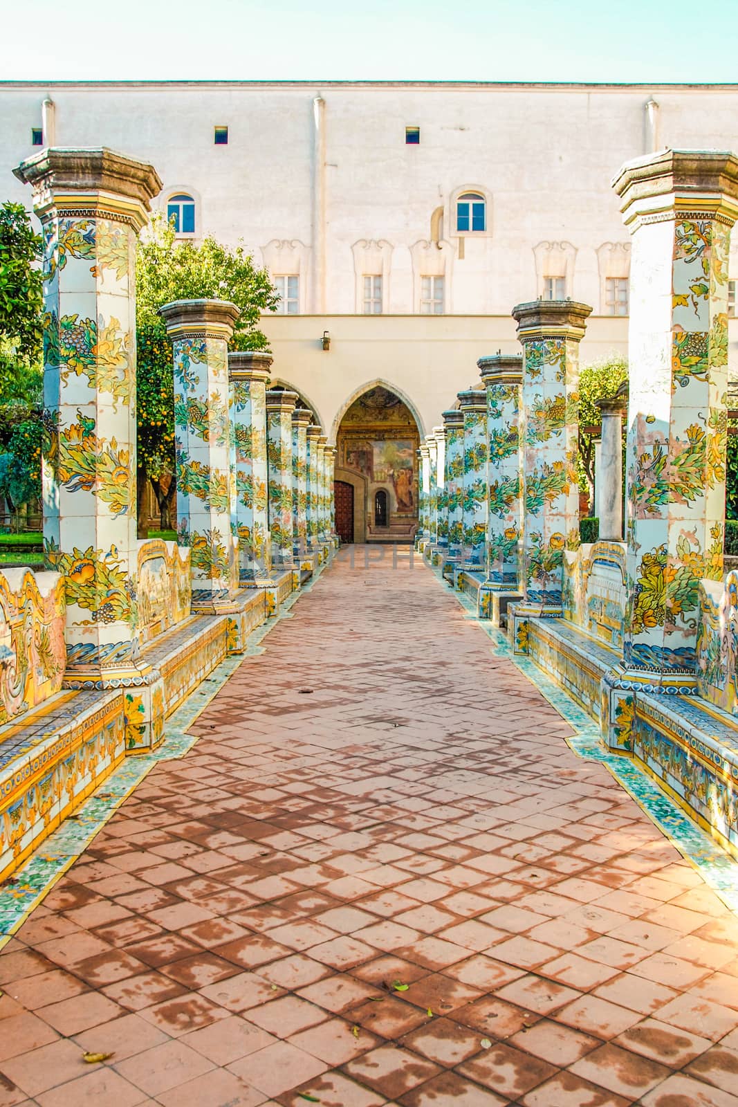  NAPLES - ITALY - ON  11/13 /2016 - The beautiful cloister of Santa Chiara with its majolica tiles in Naples, Italy