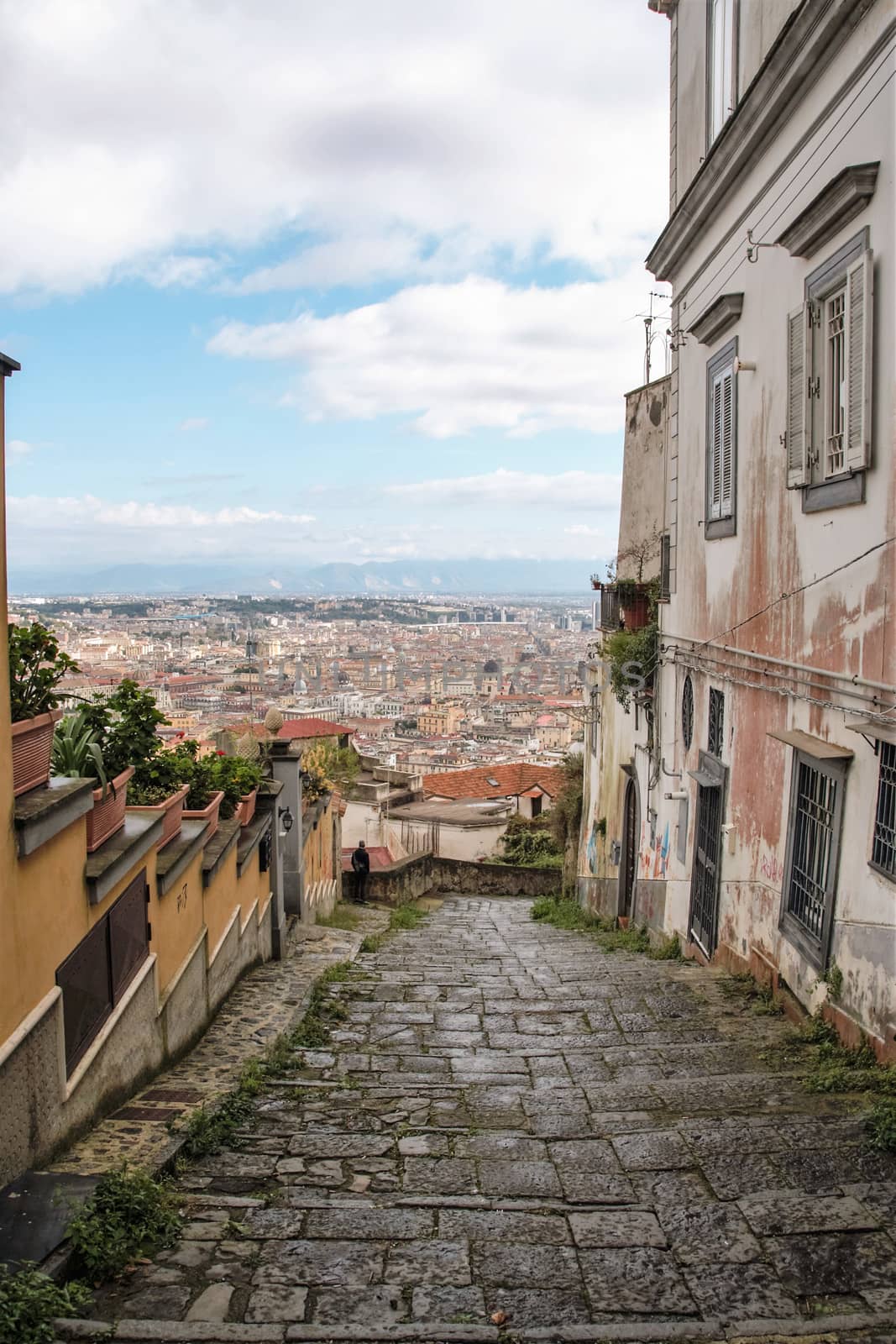 View of the city of Naples from the Old stairs in the city of Naples called Pedamantina, Unesco world heritage. 
