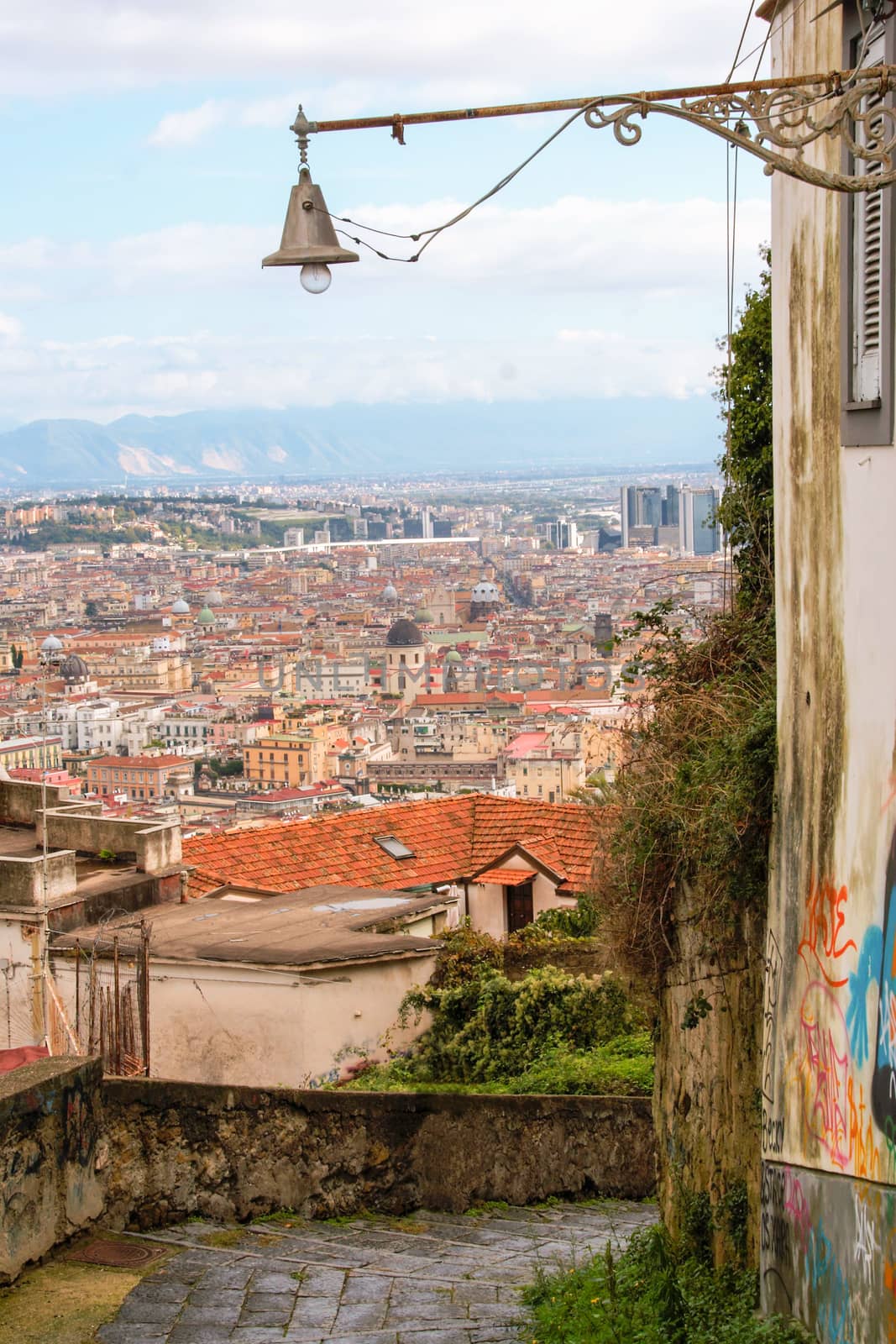 View of the city of Naples from the Old stairs in the city of Naples called Pedamantina, Unesco world heritage. 
