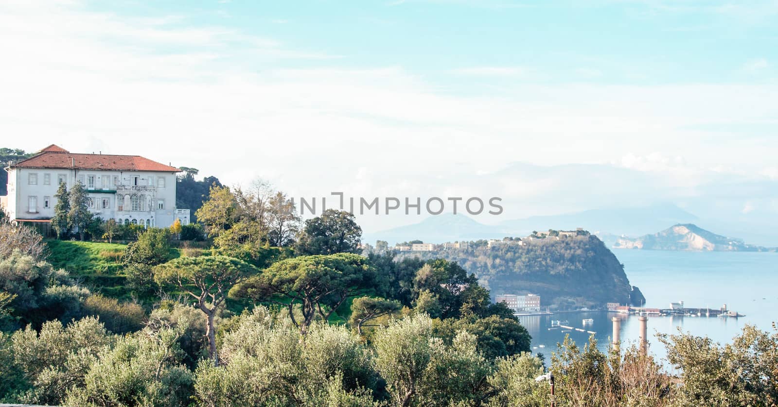 Landscape of Posillipo, Naples gulf, with Nisida island, and Capo Miseno, Naples, Italy