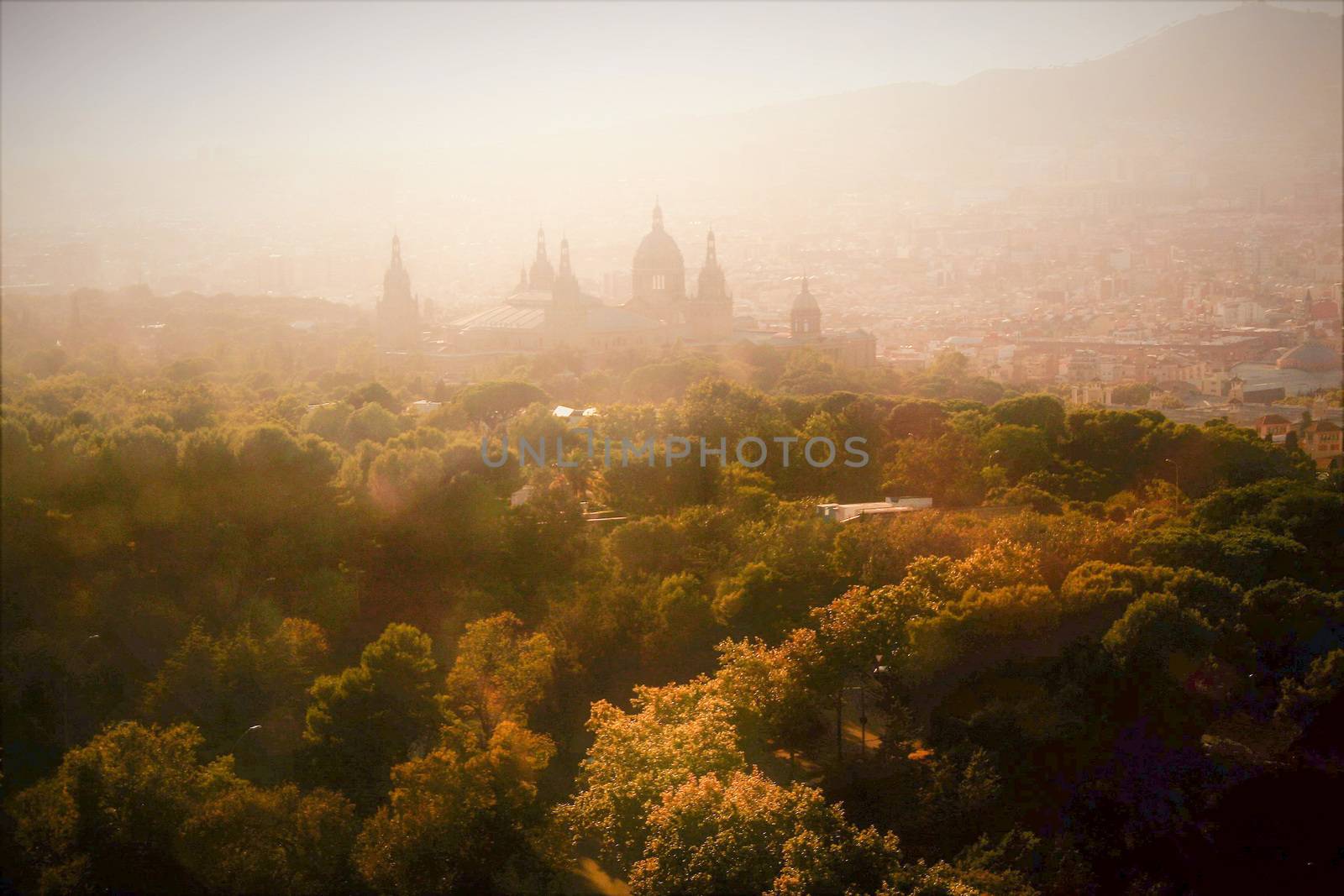 barcelona cityscape at sunset from montjuic hill