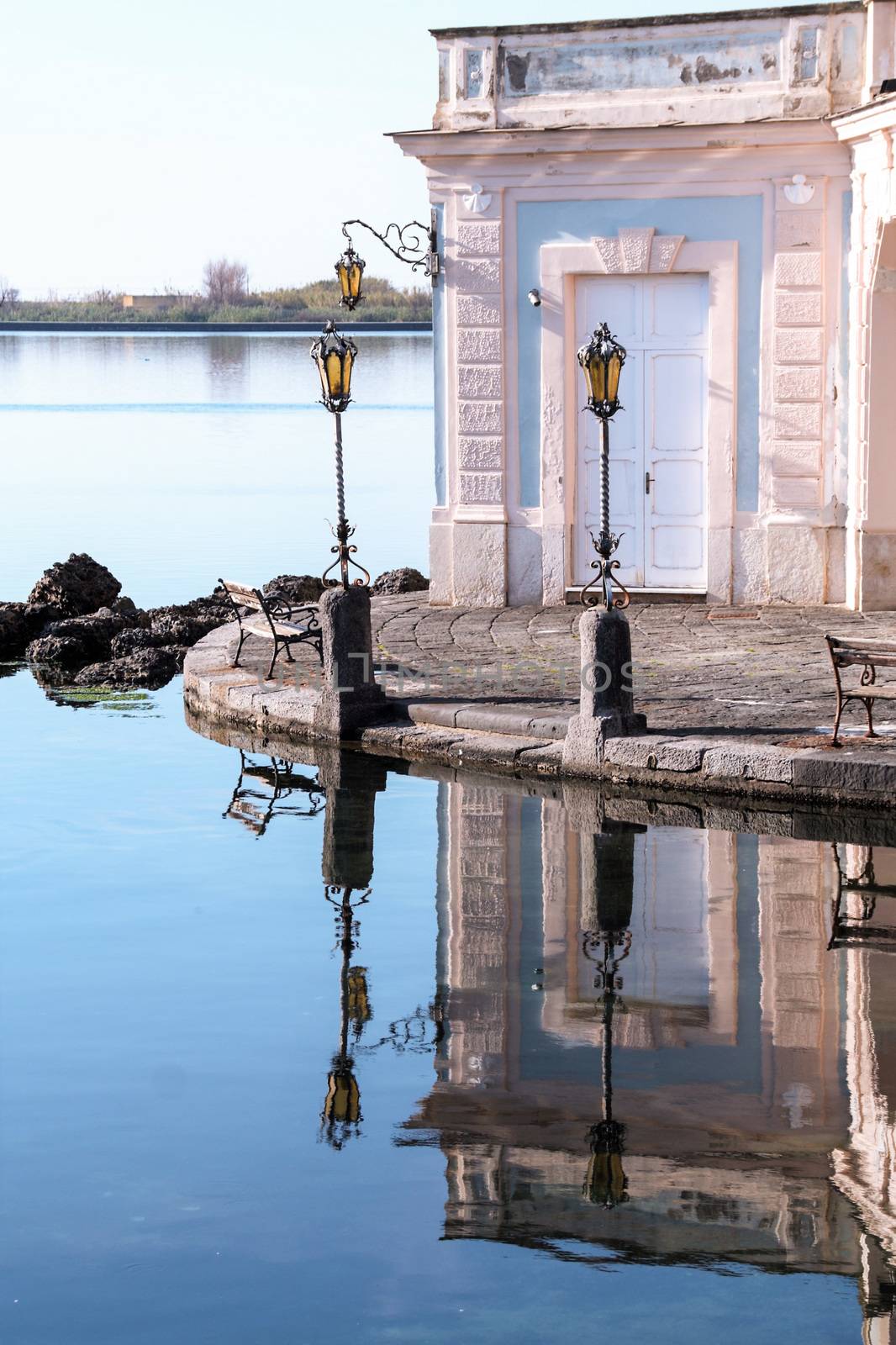 The elegant Casina Vanvitelliana on lake Fusaro, Pozzuoli, Naples, Italy