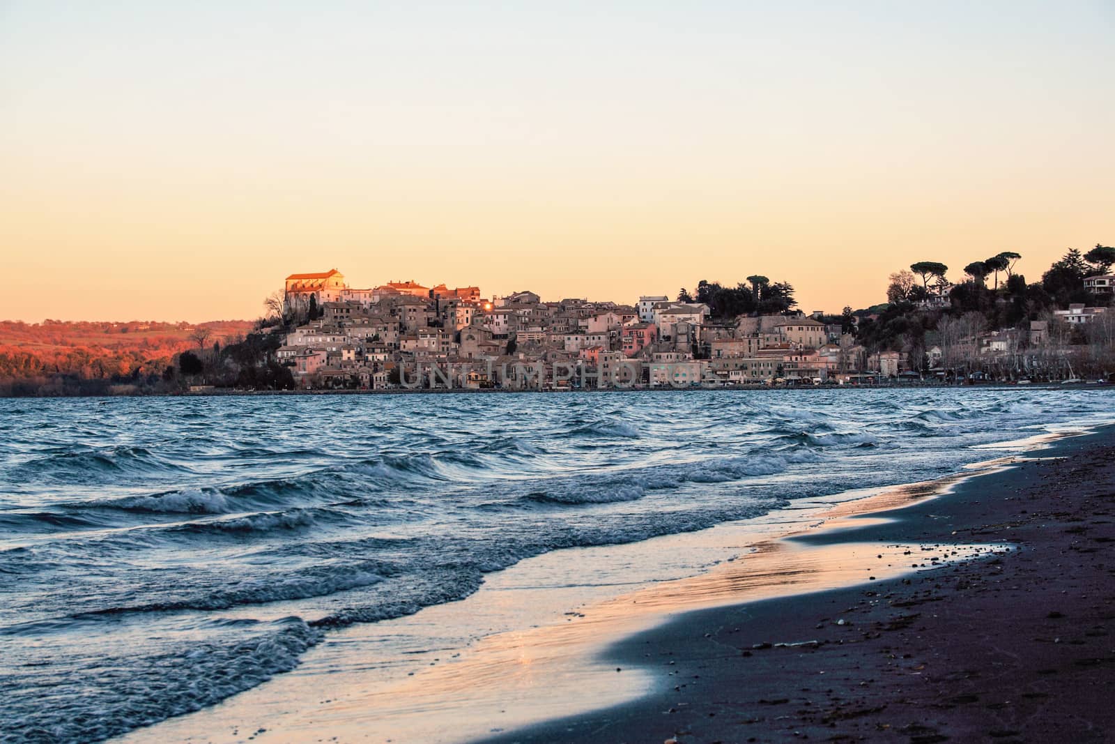 view of the picturesque town of Anguillara Sabazia on  Bracciano lake, Roma, Italy
