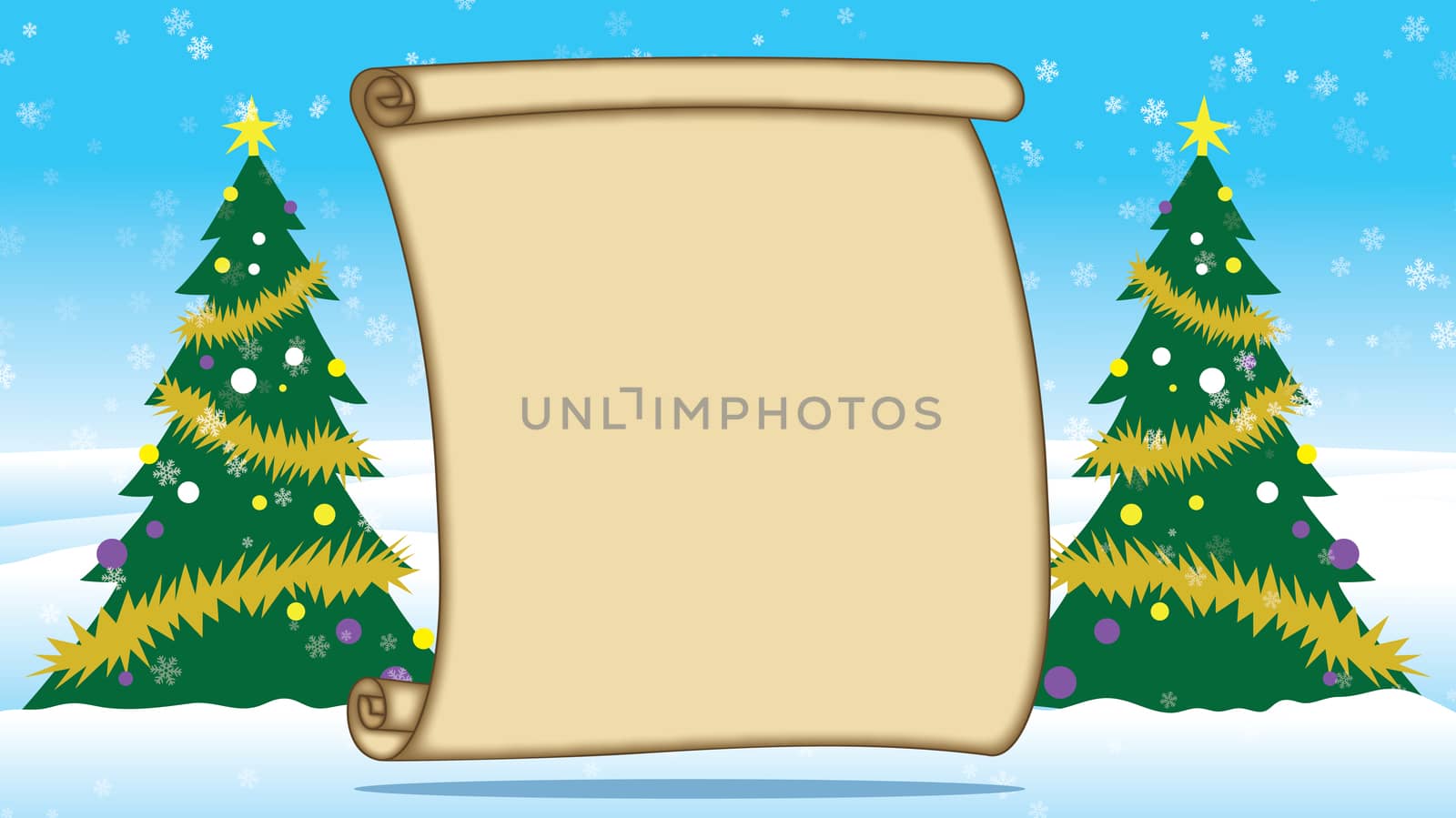 Merry Christmas Trees outside in Snow with blank parchment
