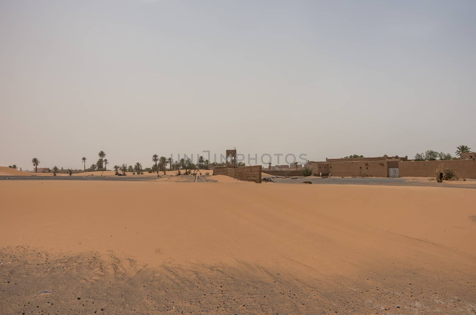 Merzouga village near sahara Erg Chebbi  dune in sand storm. Mor by Smoke666