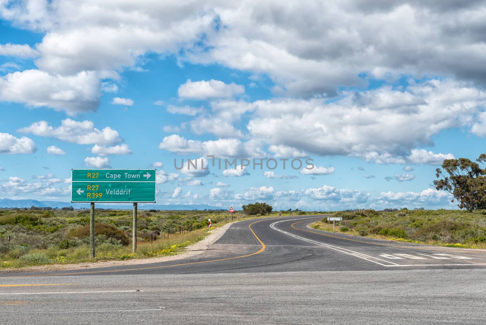 A directional sign at the intersection between roads R399 and R27 near Velddrif in the Western Cape Province of South Africa