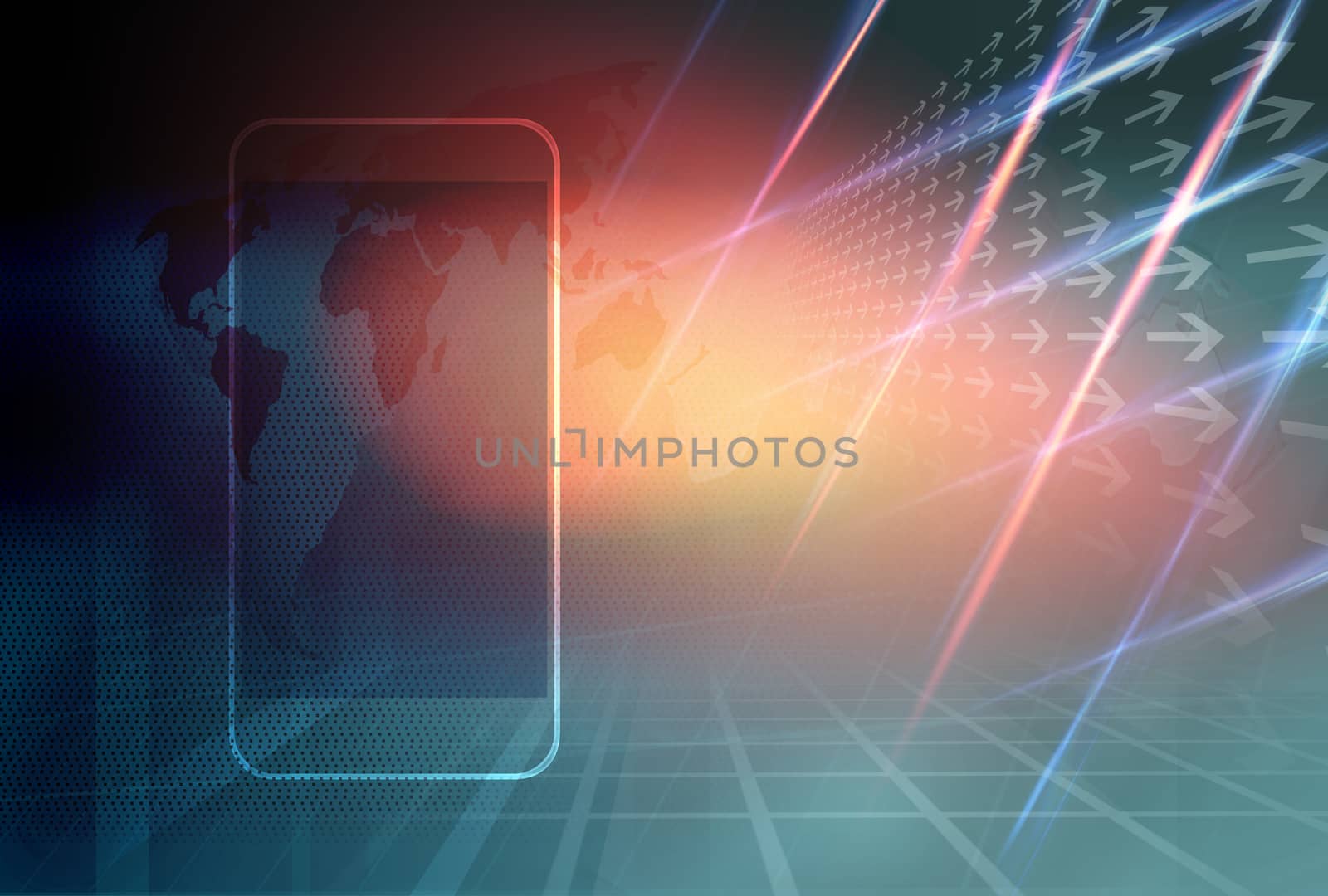 Graphical Digital World News Background with Smart phone, Technology Communication Background. 3d Illustration, 3d Render