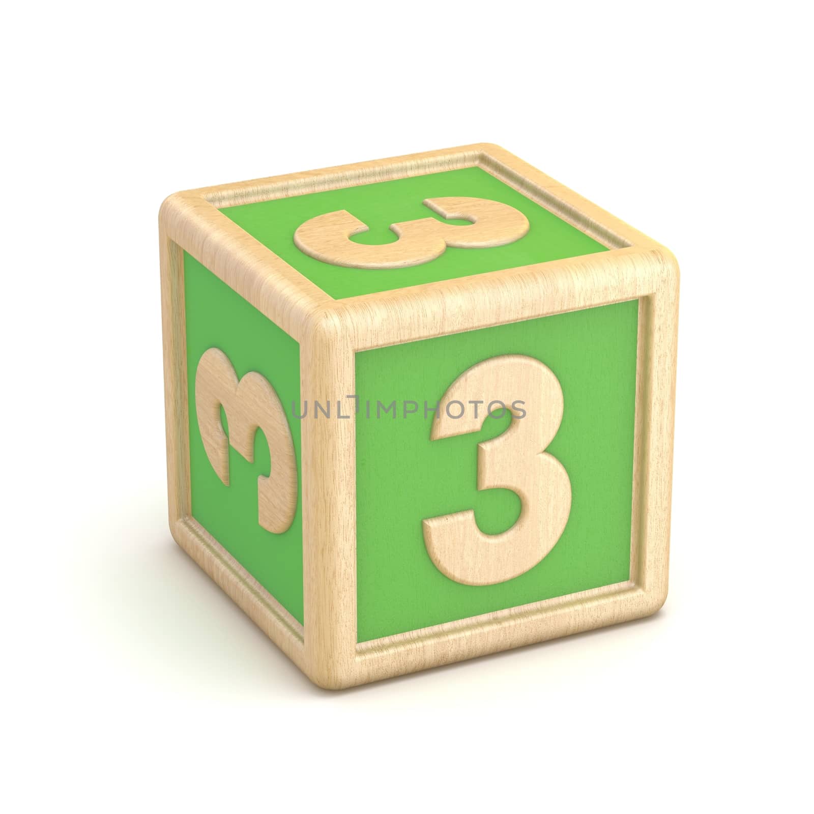 Number 3 THREE wooden alphabet blocks font rotated. 3D render illustration isolated on white background