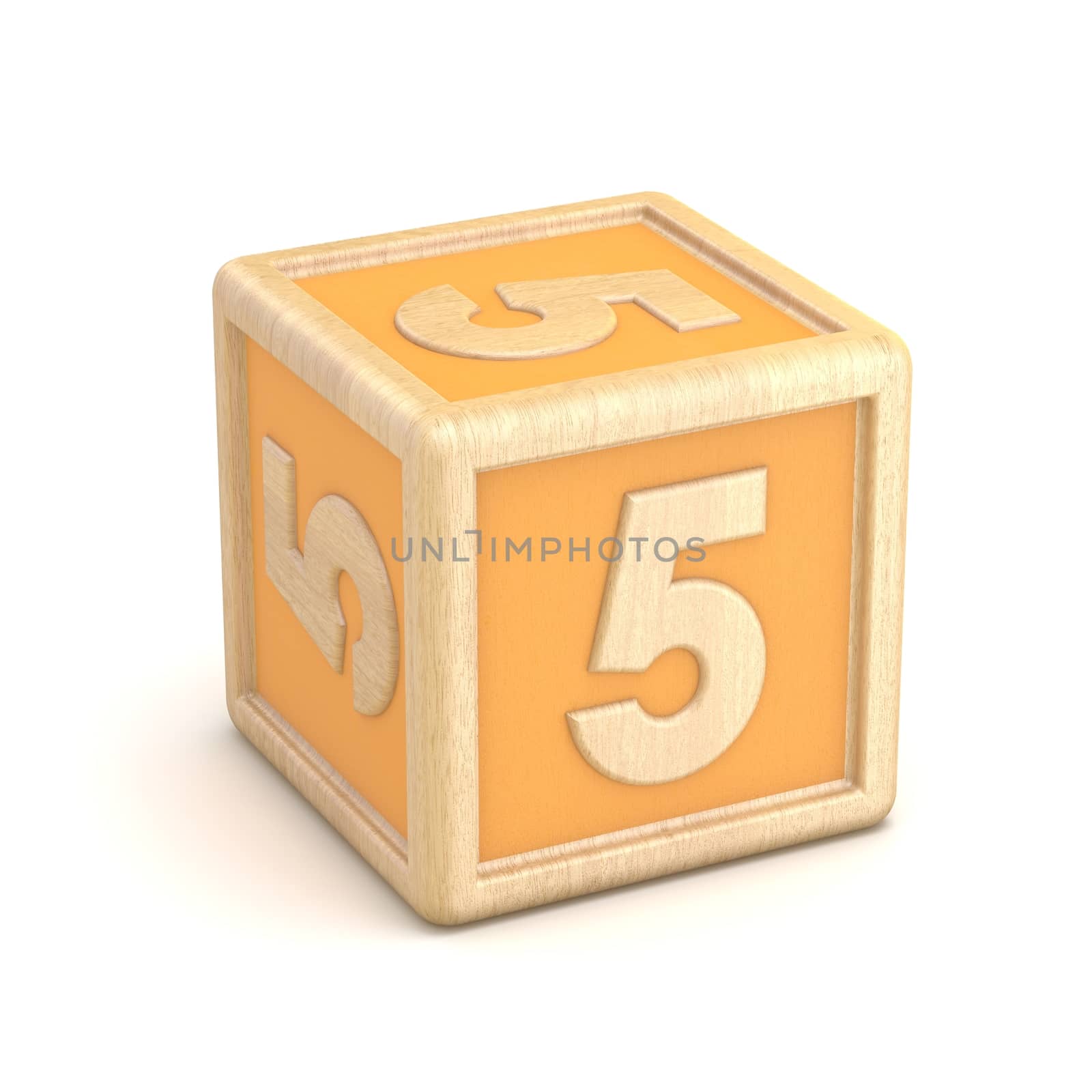 Number 5 FIVE wooden alphabet blocks font rotated. 3D render illustration isolated on white background