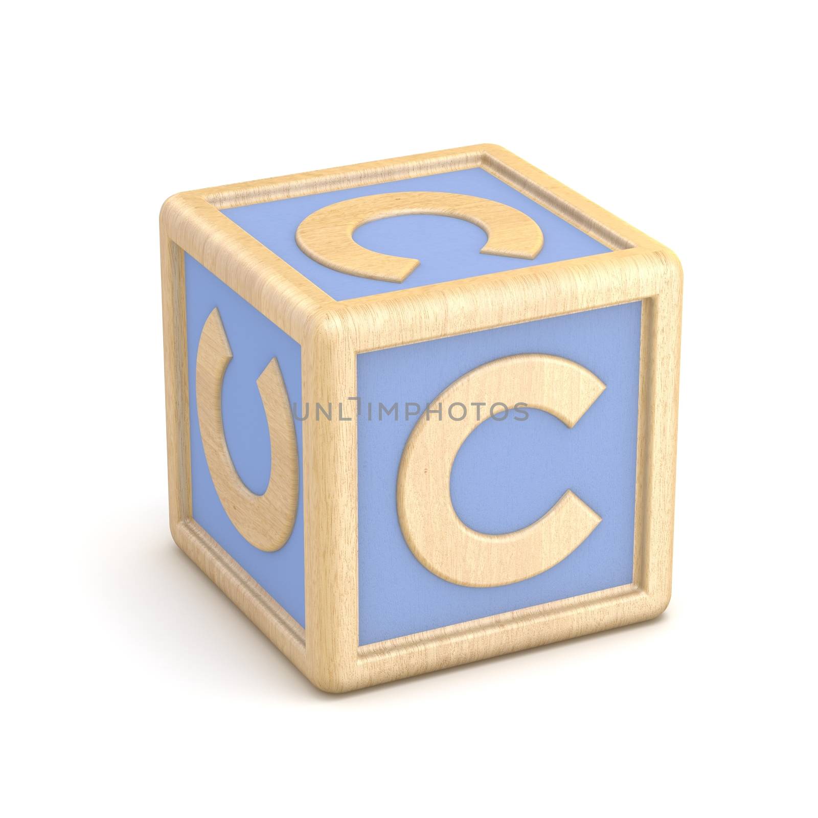 Letter C wooden alphabet blocks font rotated. 3D render illustration isolated on white background