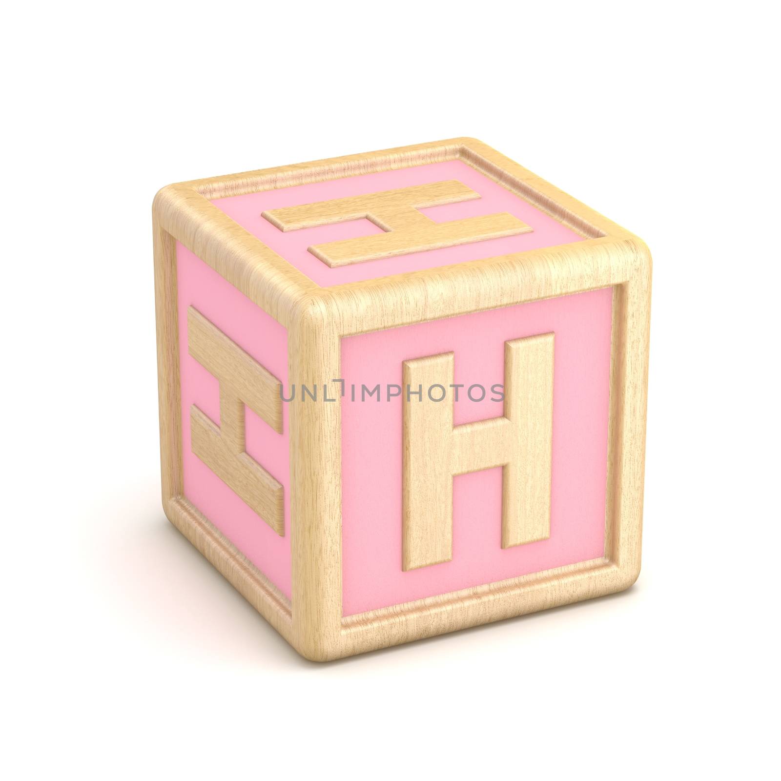 Letter H wooden alphabet blocks font rotated. 3D render illustration isolated on white background