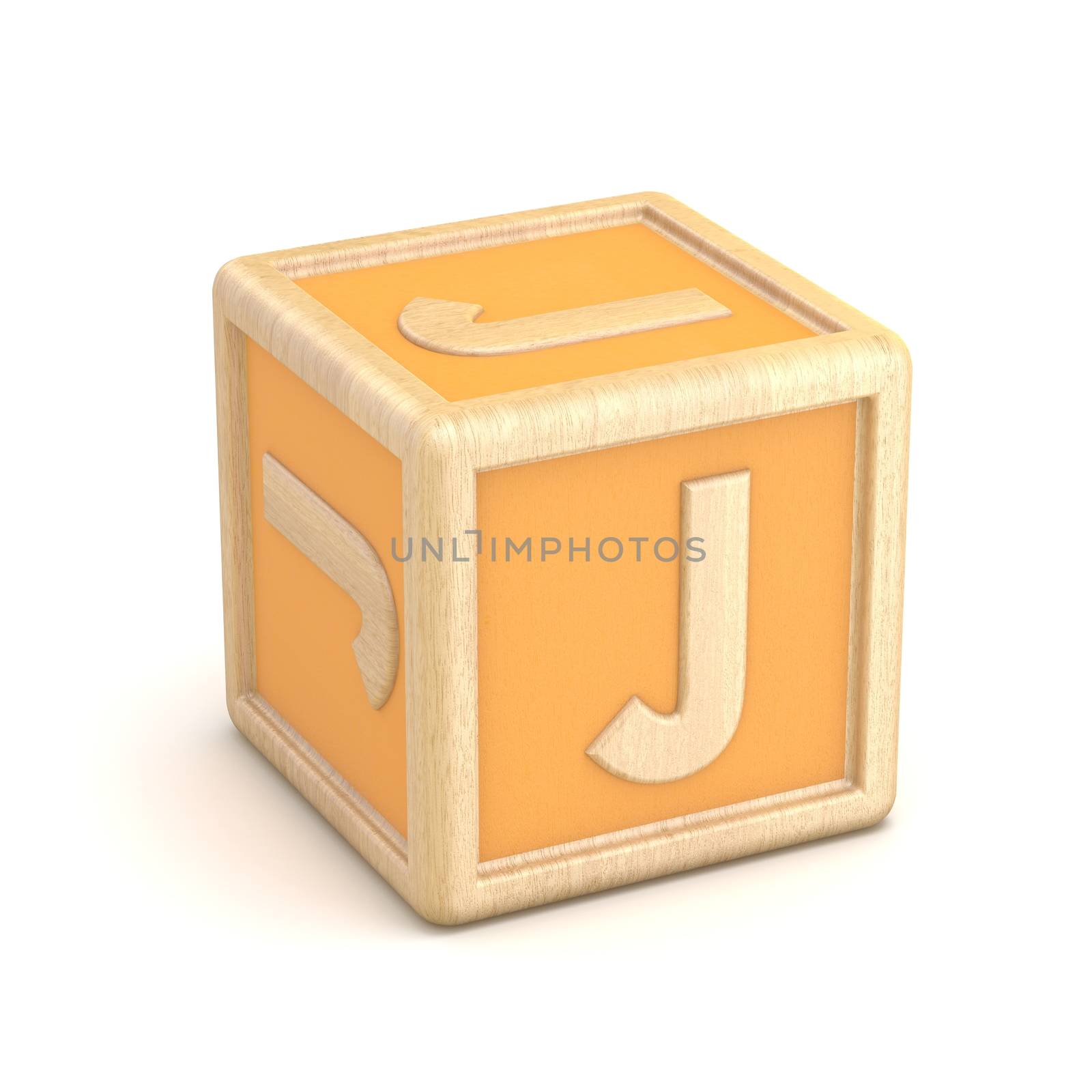 Letter J wooden alphabet blocks font rotated. 3D render illustration isolated on white background