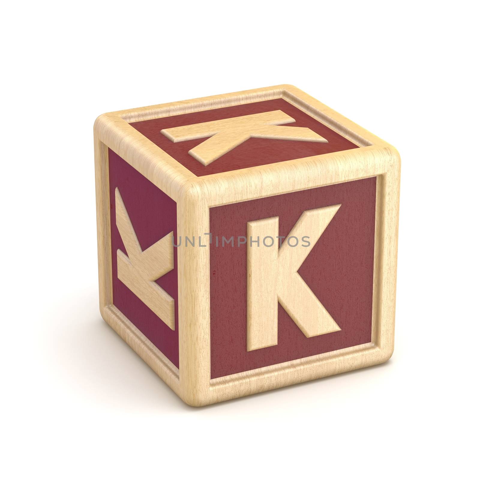 Letter K wooden alphabet blocks font rotated. 3D render illustration isolated on white background