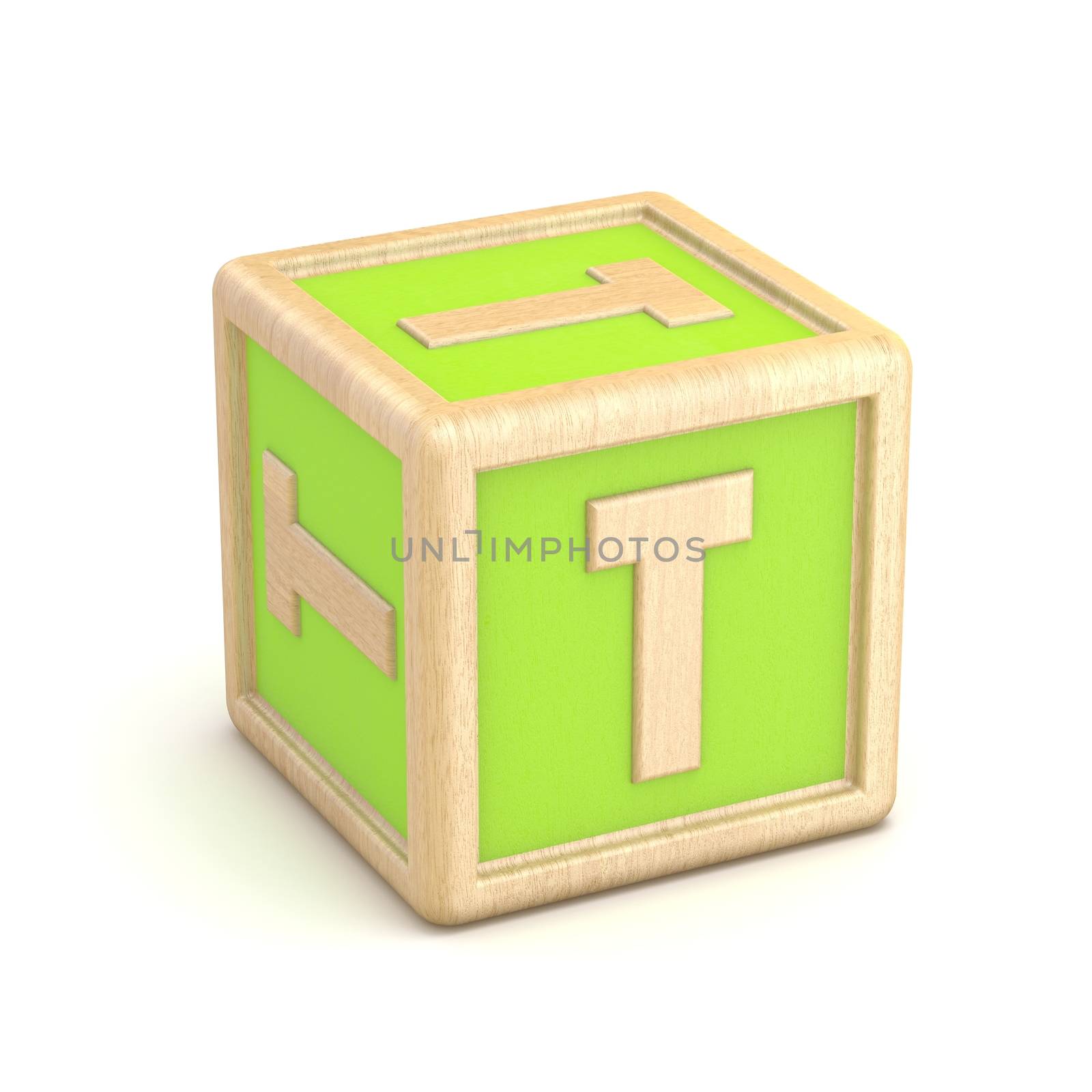 Letter T wooden alphabet blocks font rotated. 3D render illustration isolated on white background