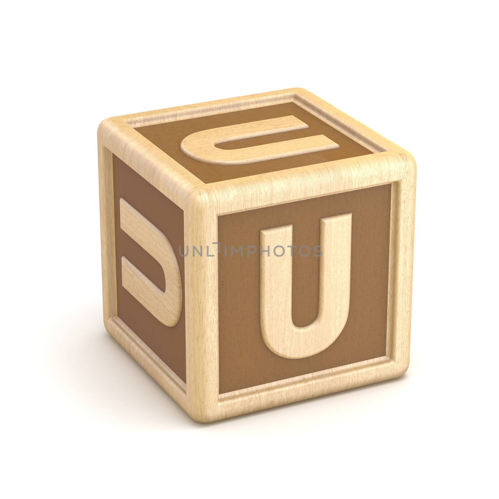 Letter U wooden alphabet blocks font rotated. 3D render illustration isolated on white background