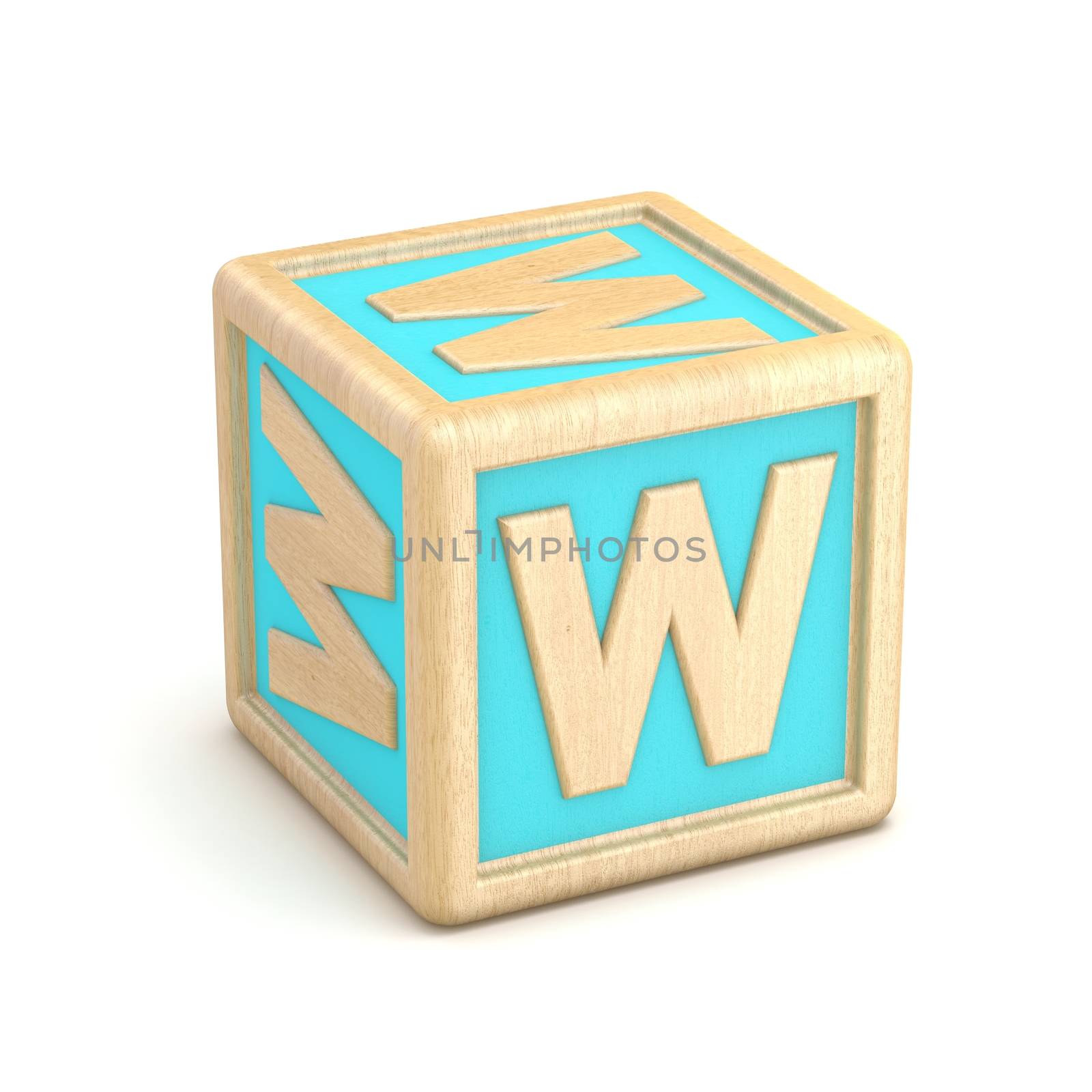 Letter W wooden alphabet blocks font rotated. 3D render illustration isolated on white background