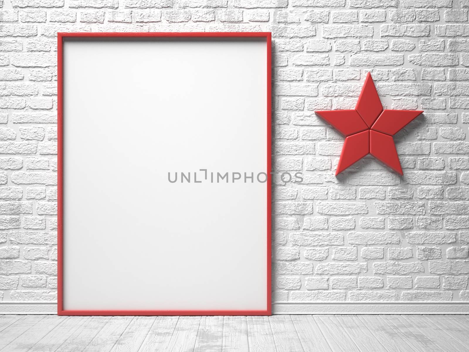 Mock-up red canvas frame, red star decor and brick wall. 3D by djmilic