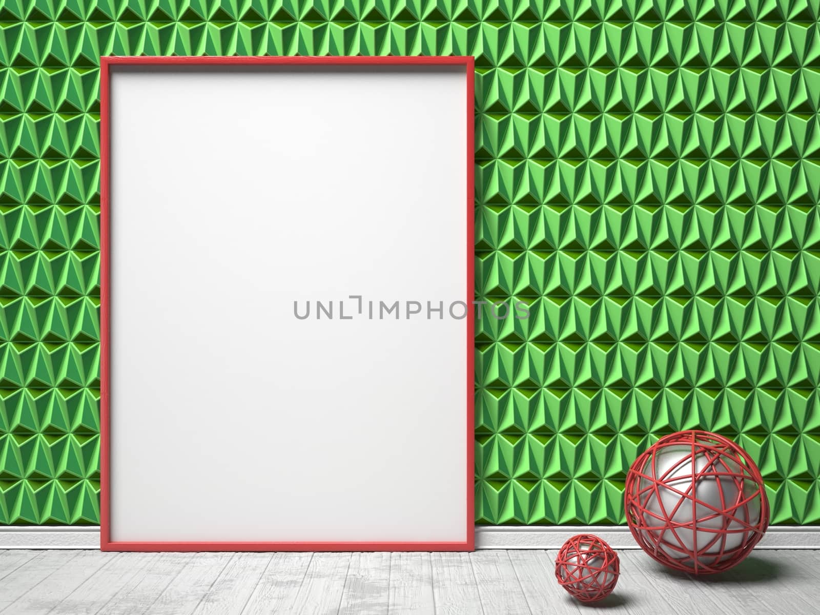 Blank picture frame and red sphere decor on green triangulated b by djmilic