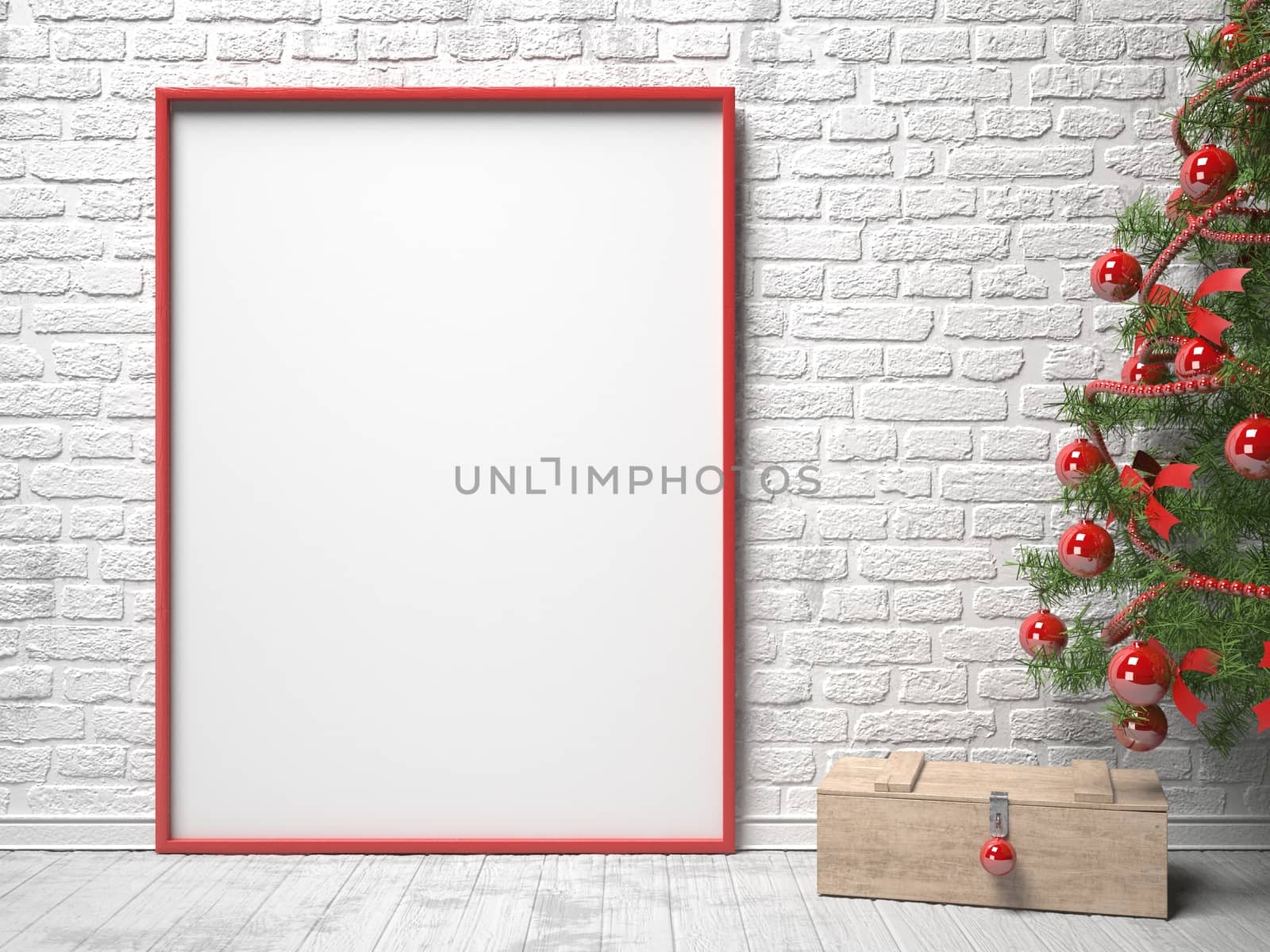 Mock up blank picture frame, Christmas decoration and wooden box. 3D render illustration