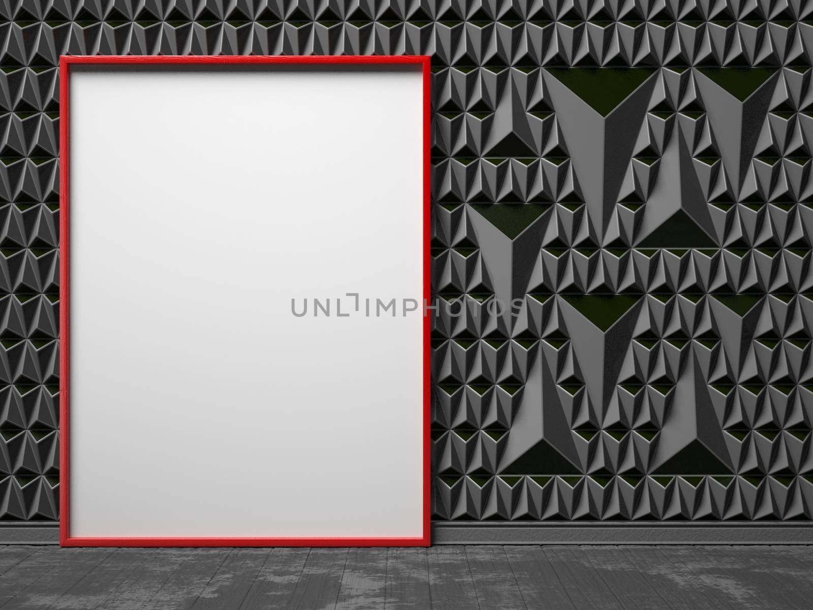 Blank, red, picture frame on black triangulated background. Mock up render illustration