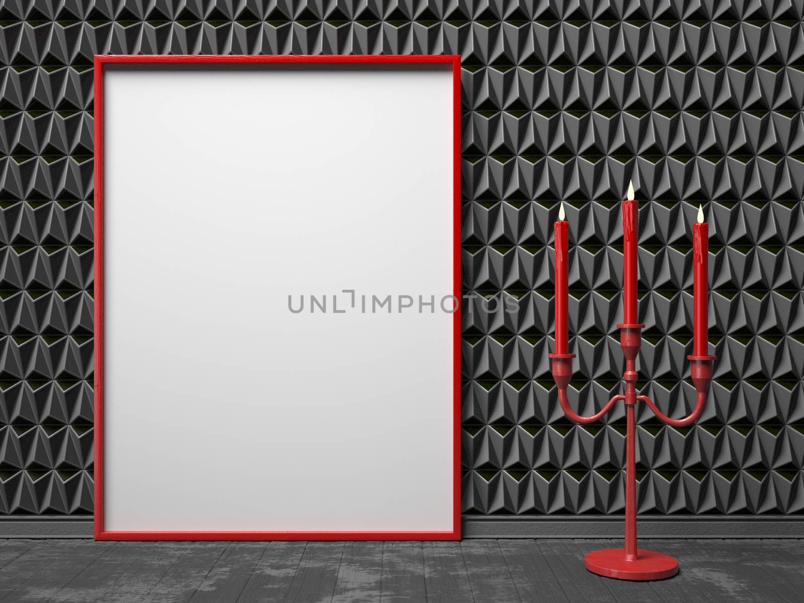 Blank picture frame and red candlestick on black triangulated ba by djmilic