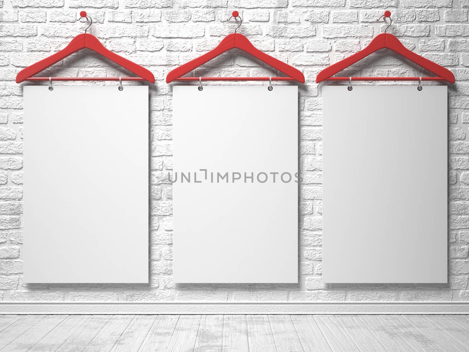 Cloth hangers and white canvas on the white painted brick wall. 3D render illustration