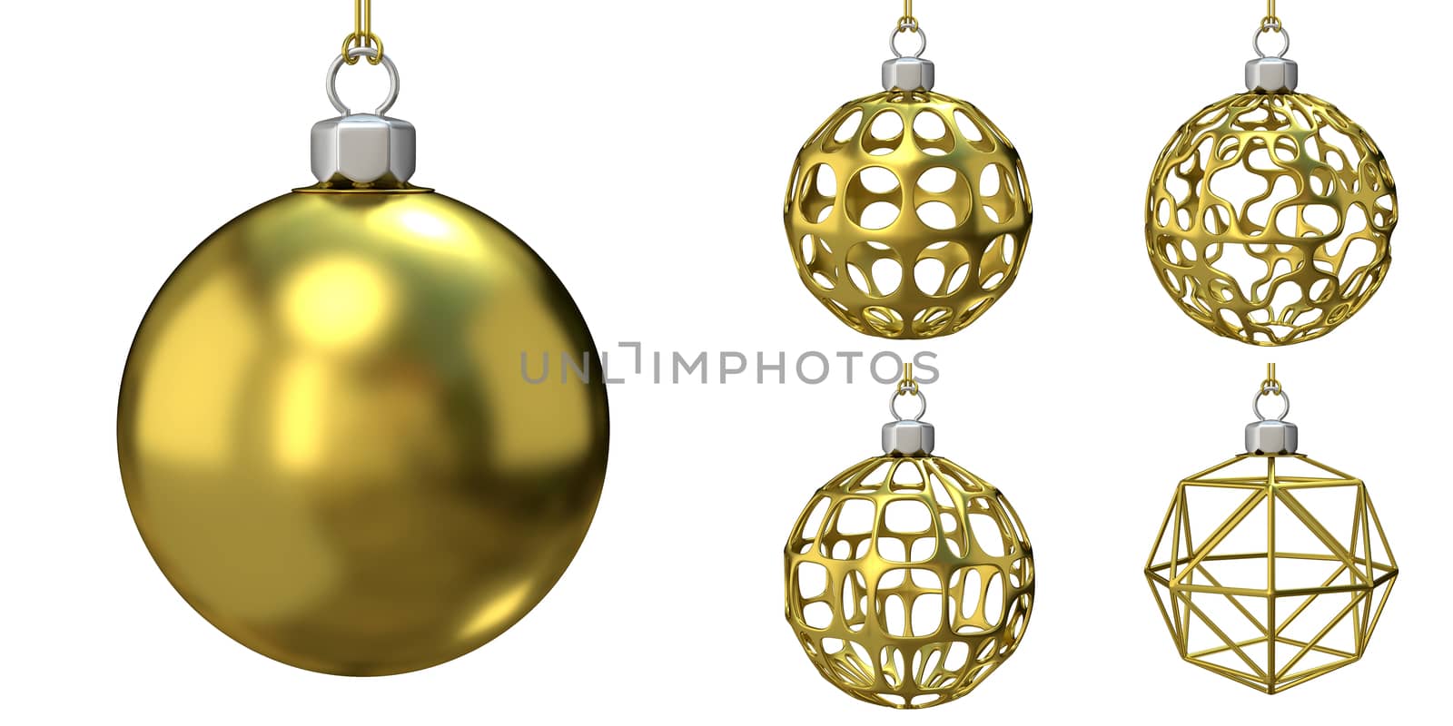 Gold Christmas balls collection. 3D rendering  illustration isolated on white background