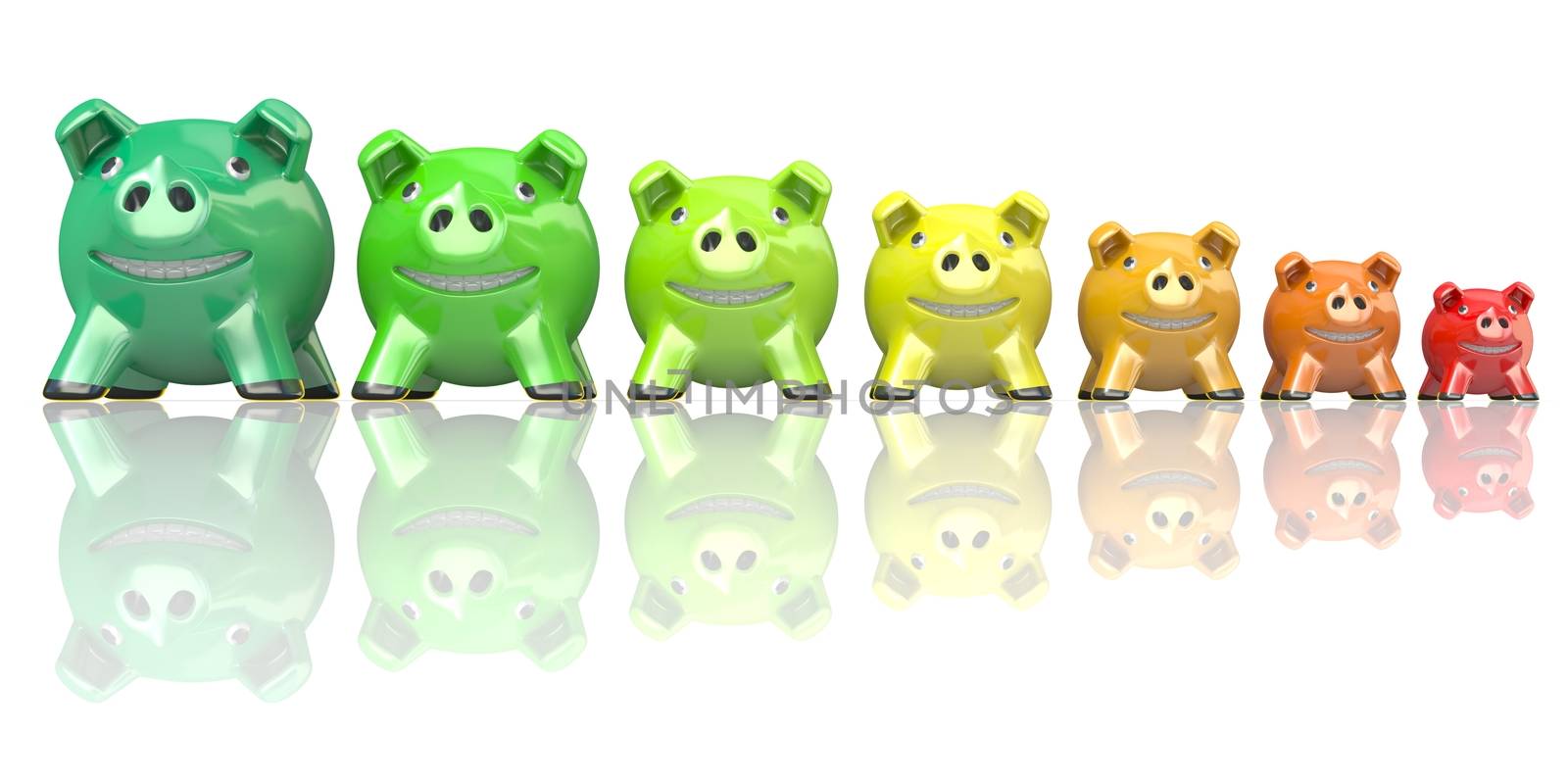 Saving energy consumption concept made of piggy banks. 3D render illustration isolated on white background