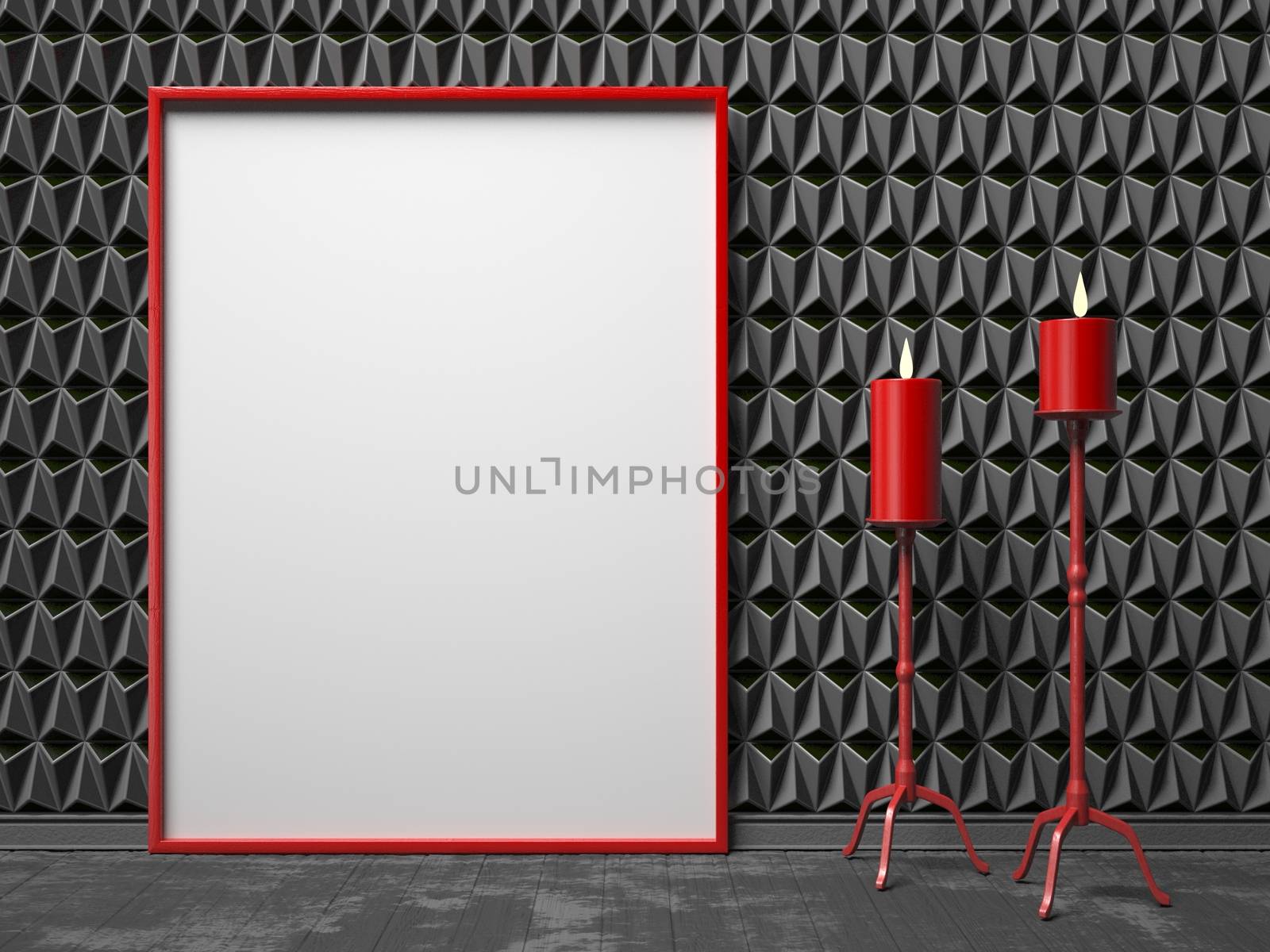 Blank picture frame and two red candlestick on black triangulated background. Mock up 3D renderiong illustration