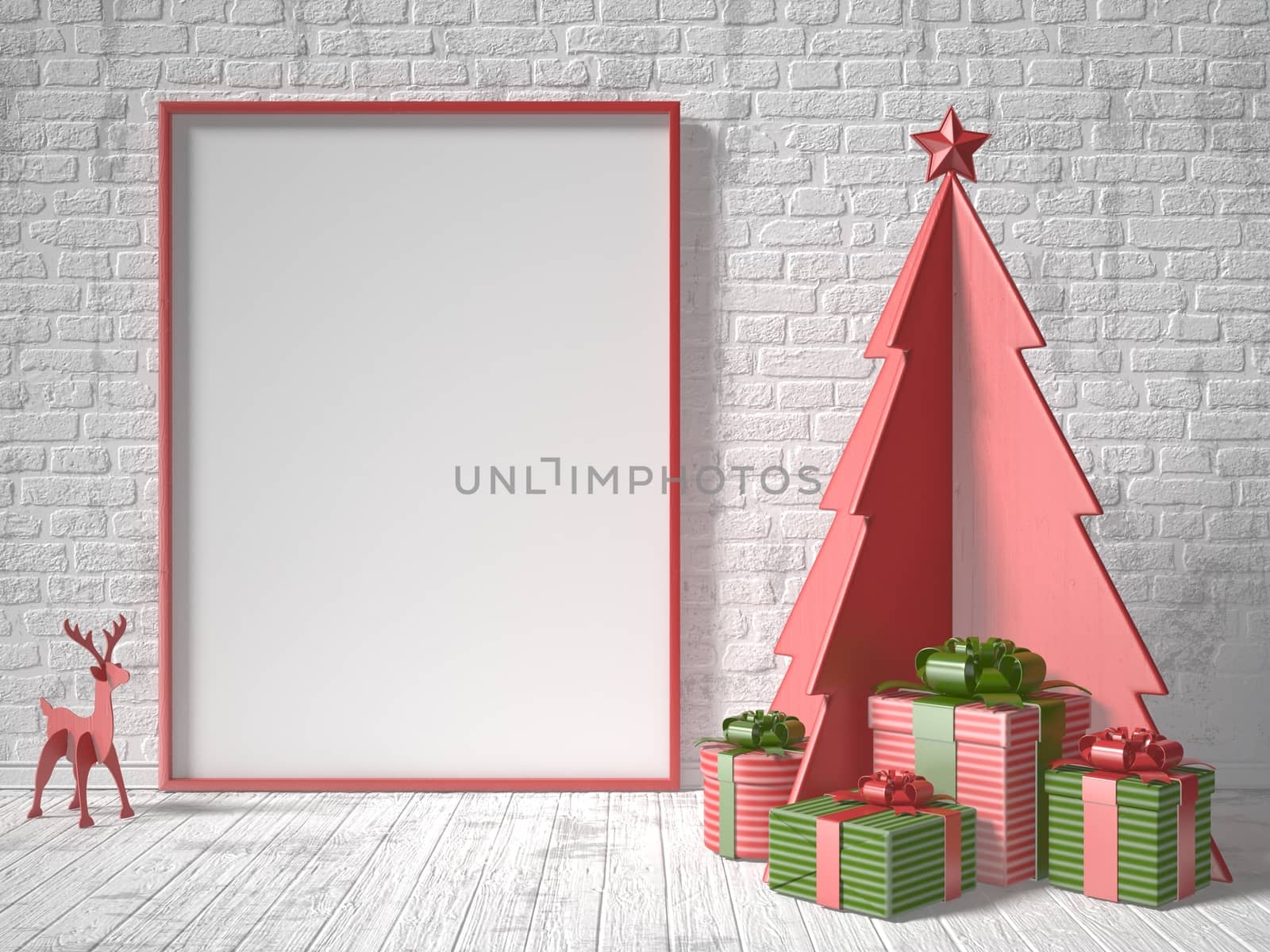 Mock up blank picture frame, Christmas tree decoration and gifts. 3D rendering illustration