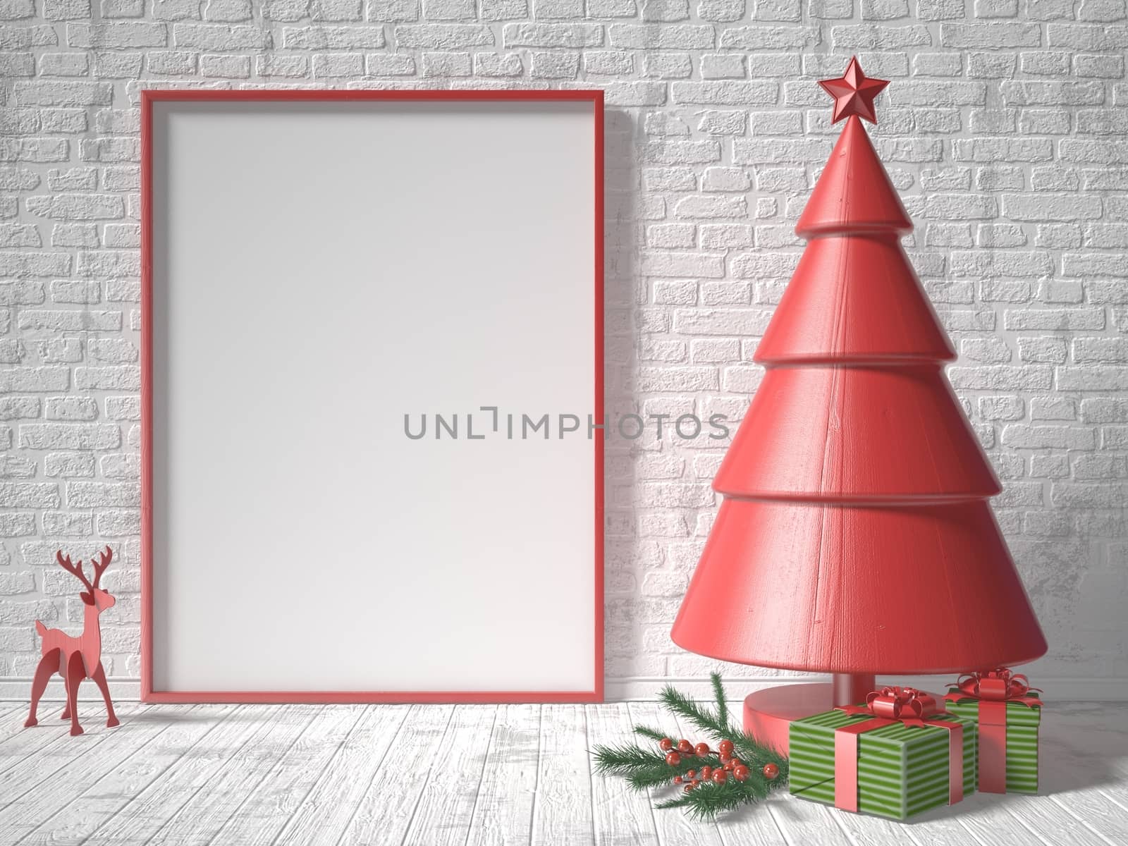 Mock up blank picture frame, Christmas tree decoration and gifts. 3D render illustration