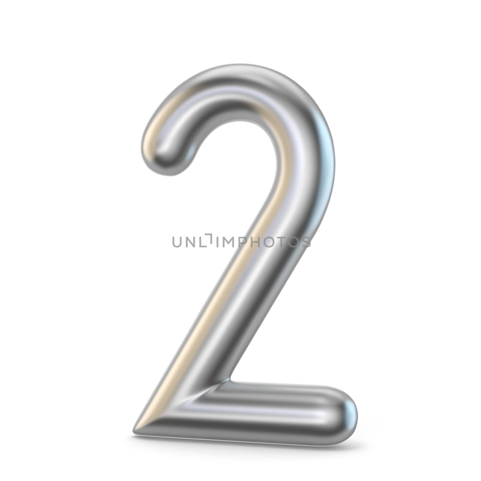 Metal silver font. Number TWO 2 3D render illustration isolated on white background