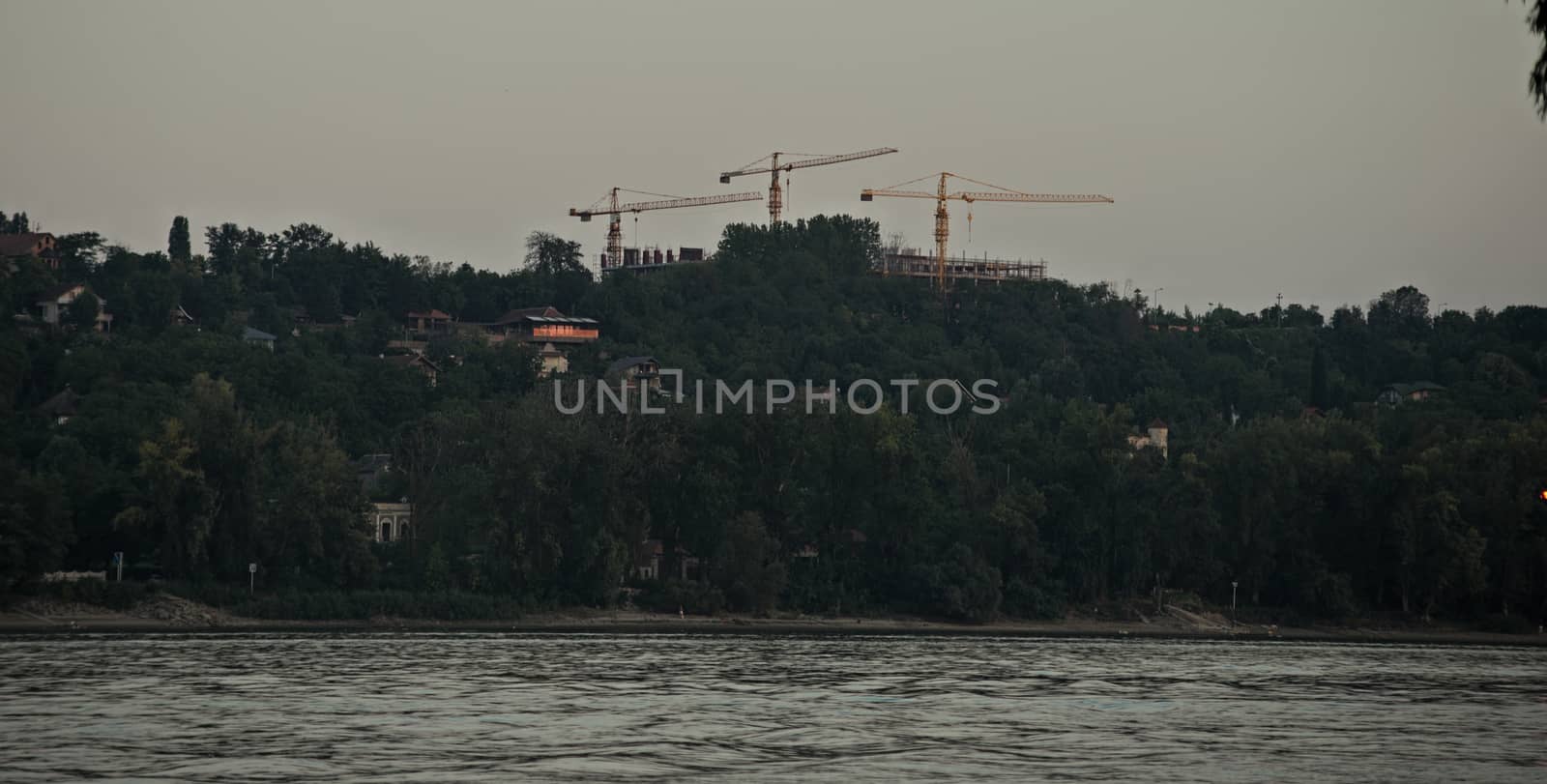 Three cranes on other side of river Danube by sheriffkule