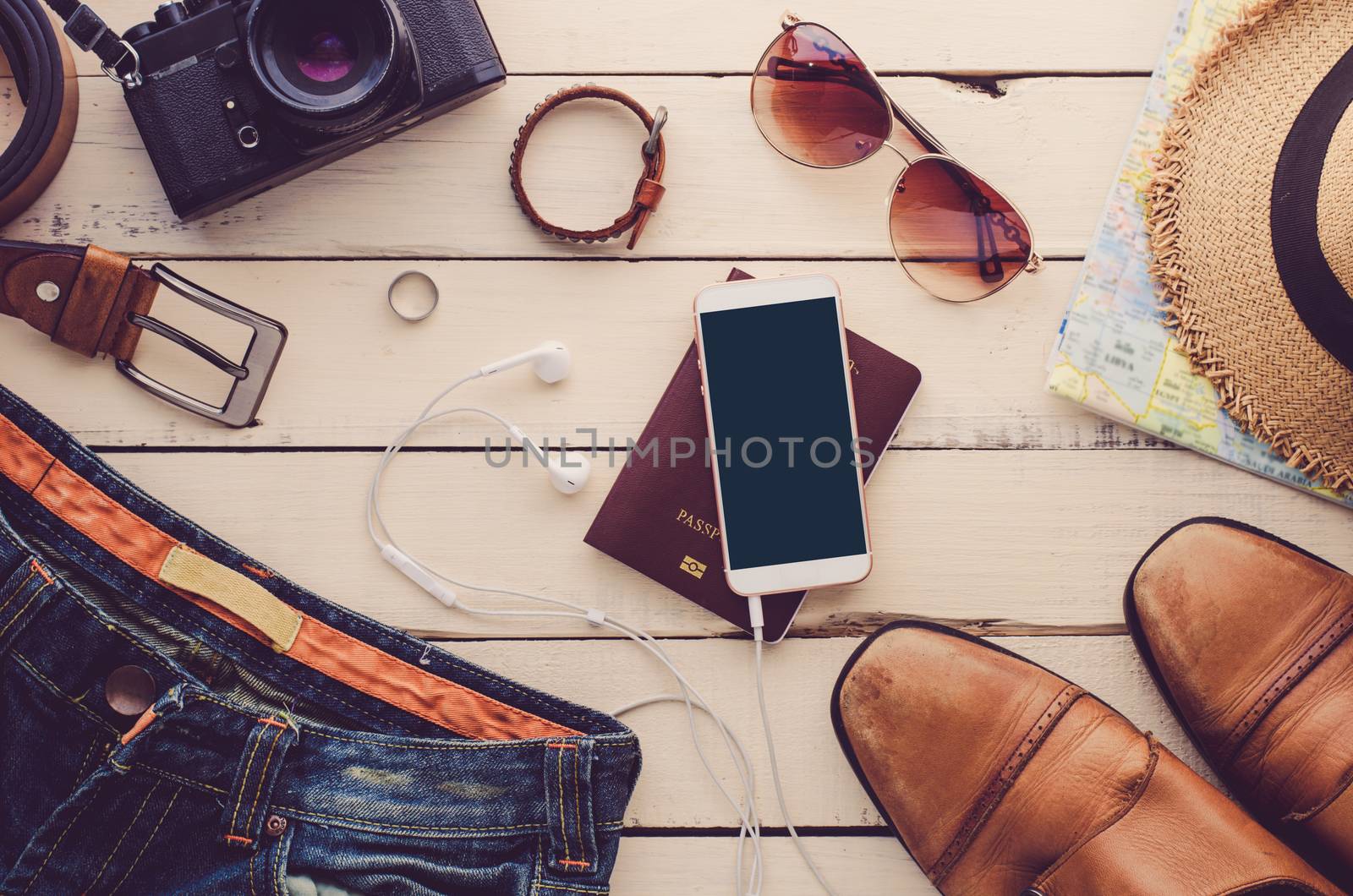 Travel accessories costumes. Passports, luggage, The cost of travel prepared for the trip. by photobyphotoboy