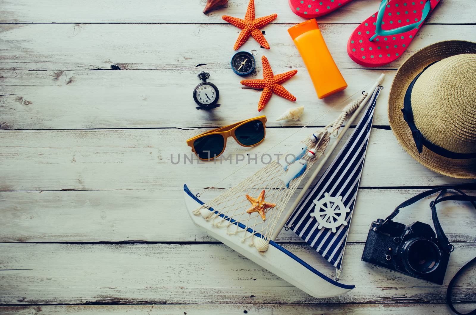 Accessories costume with travel for summer on wooden floor