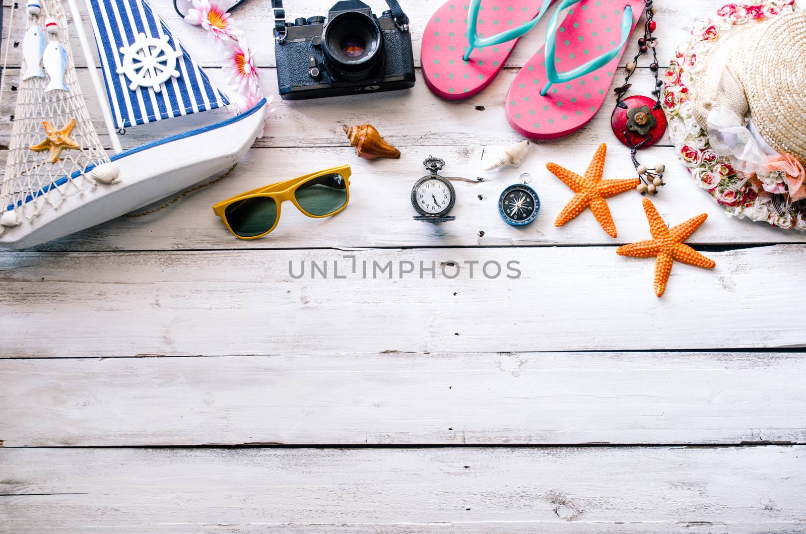 Accessories costume with travel for summer on wooden floor