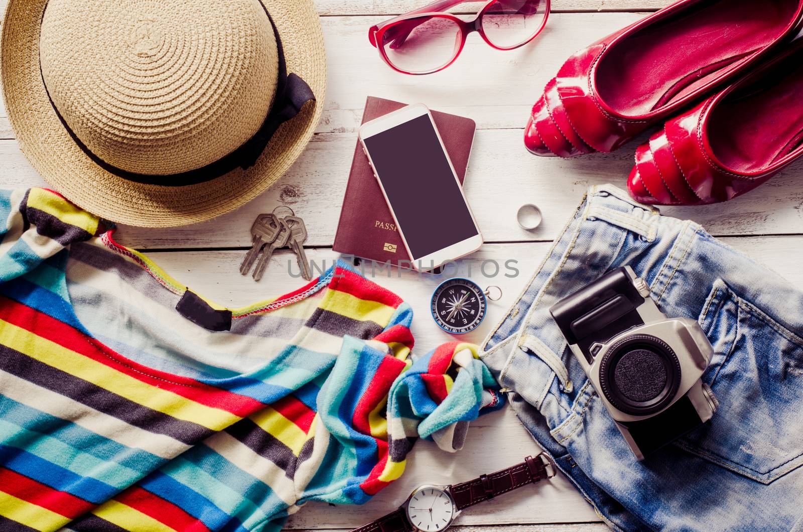 Travel Clothing accessories apparel along with women for the trip