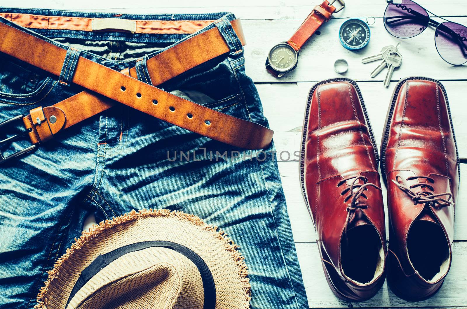 Clothing and accessories for men on wooden floor - concept lifes by photobyphotoboy